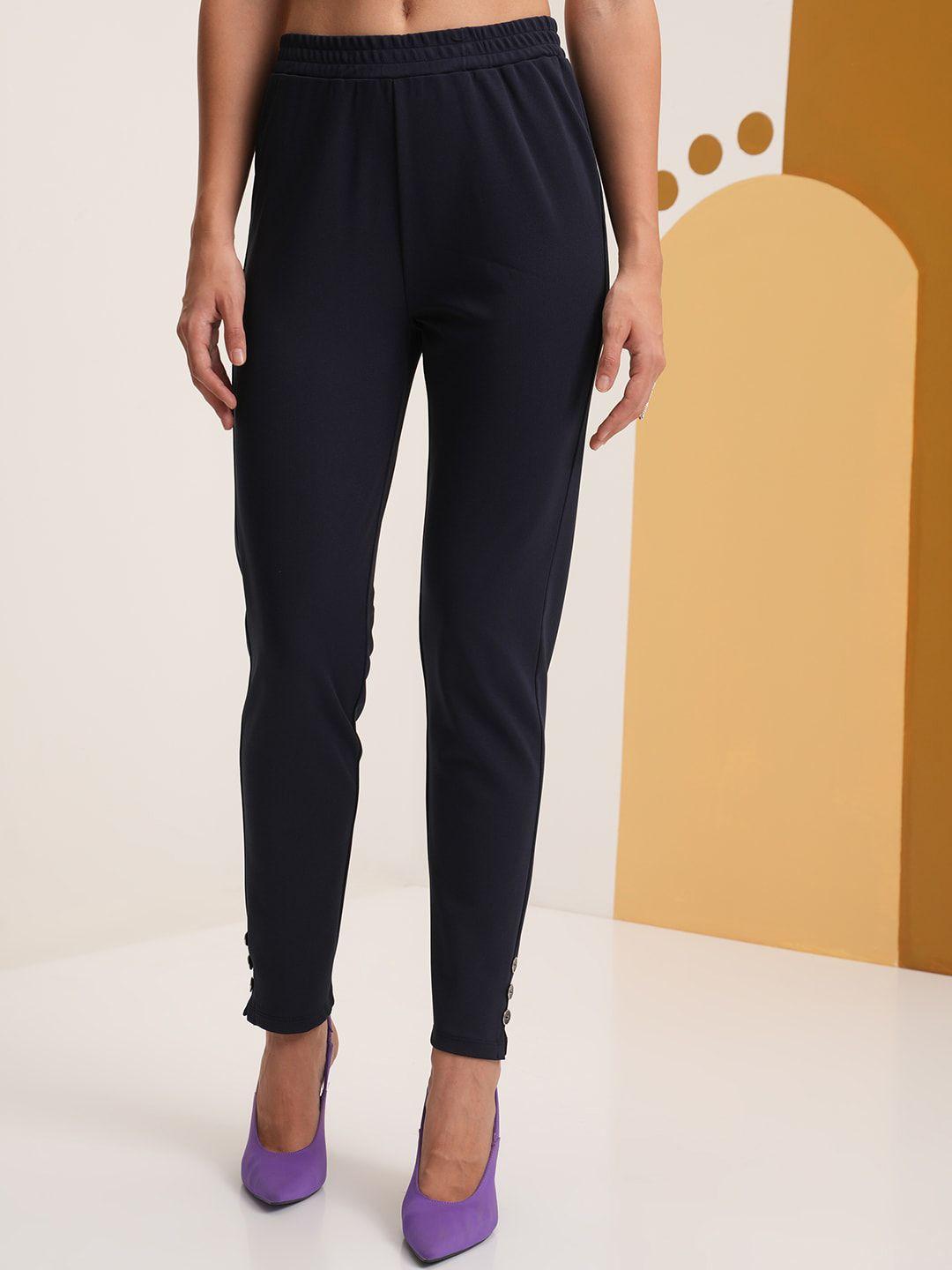 vishudh women navy blue slim fit trousers