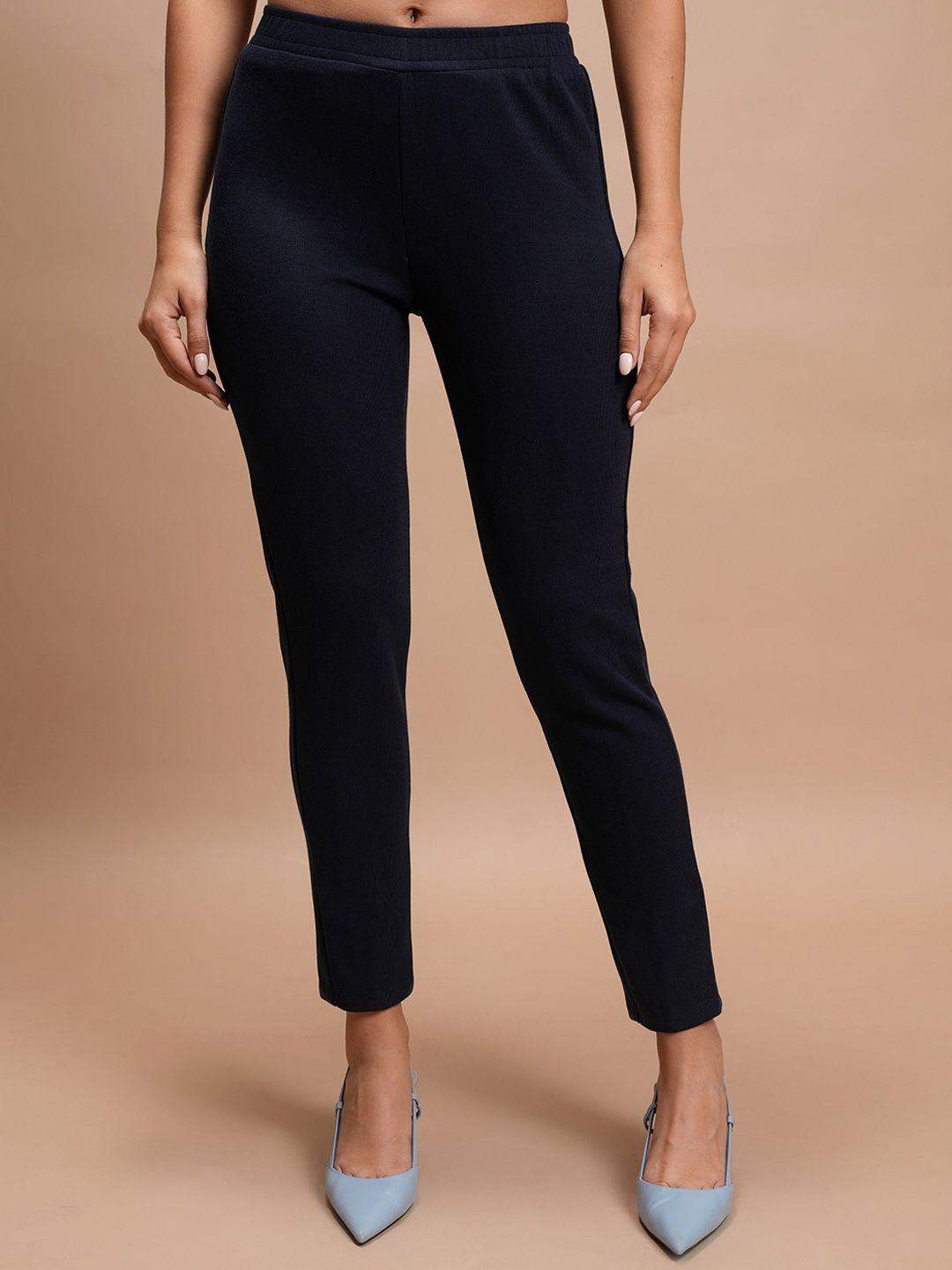 vishudh women navy blue slim fit trousers