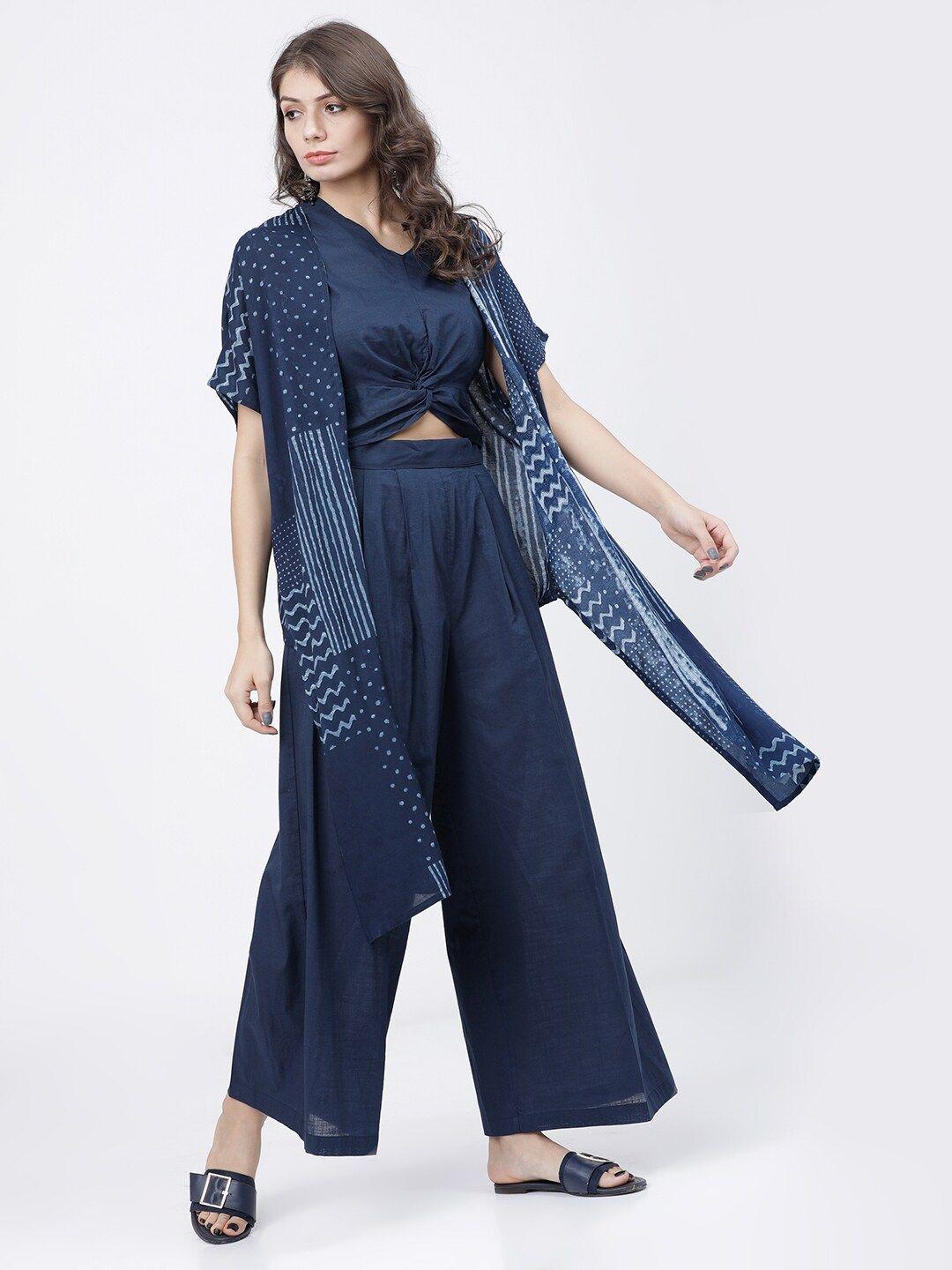 vishudh women navy blue solid top & palazzos with long shrug