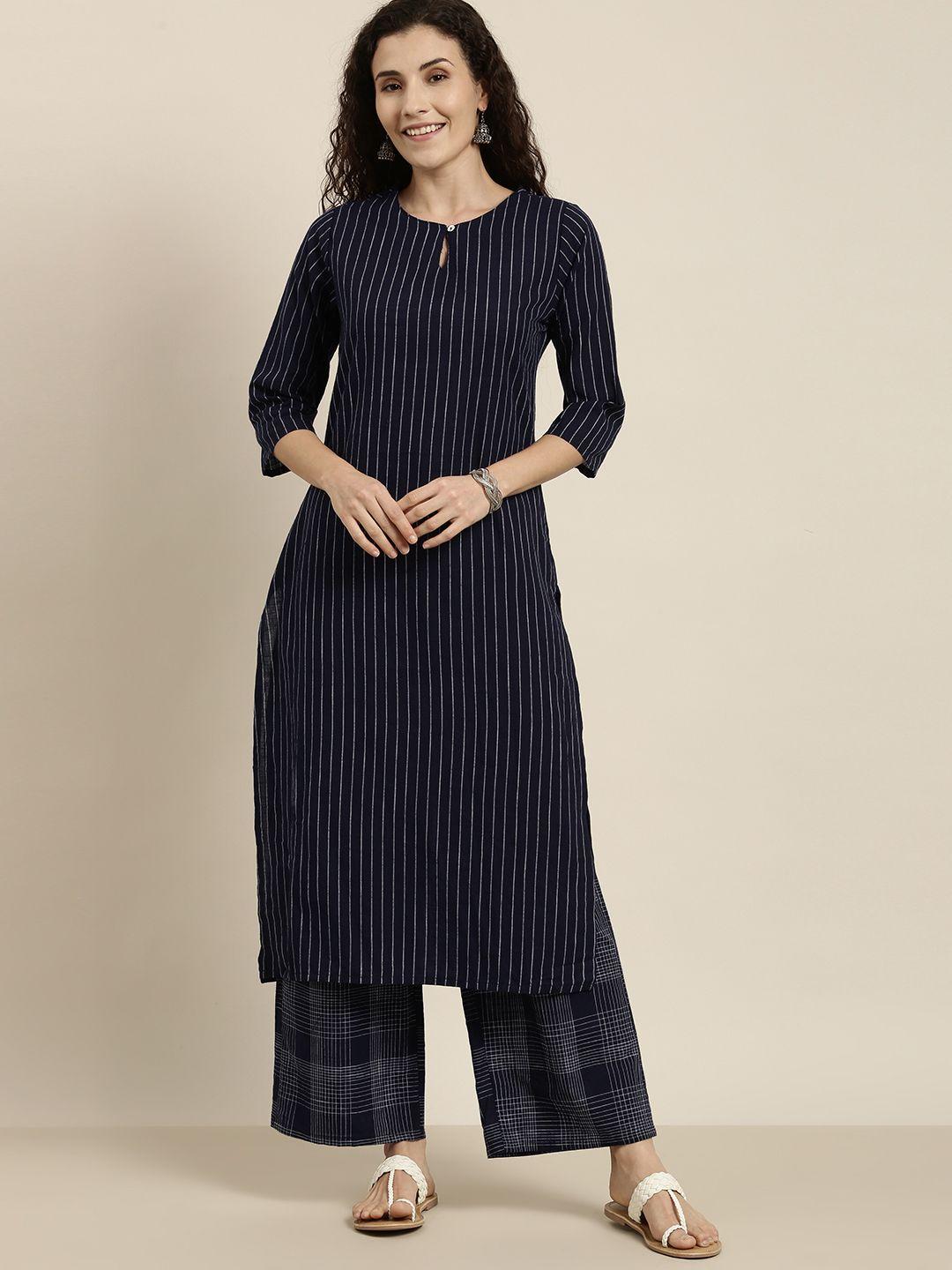 vishudh women navy blue striped regular pure cotton kurta with trousers