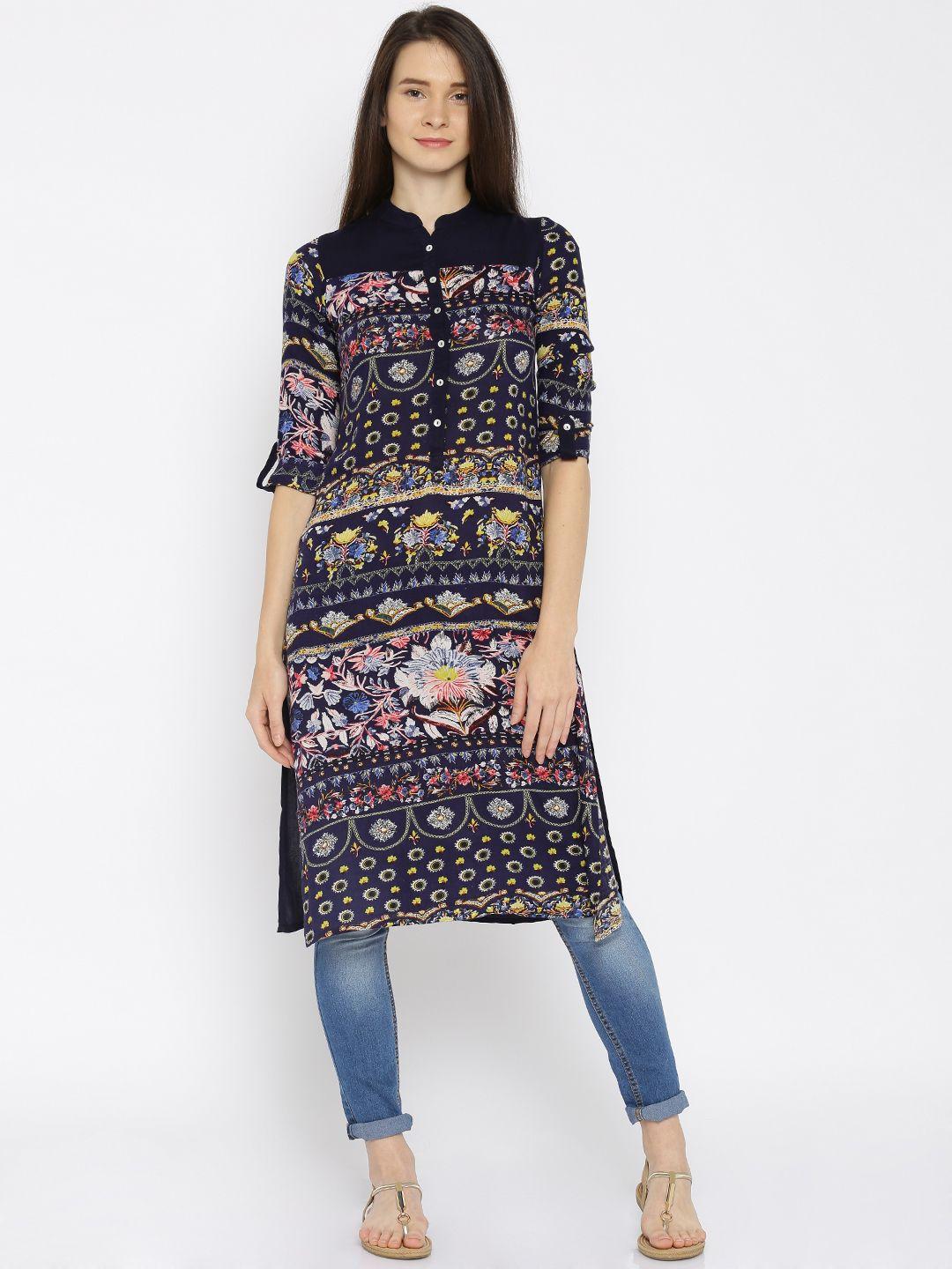 vishudh women navy printed straight kurta