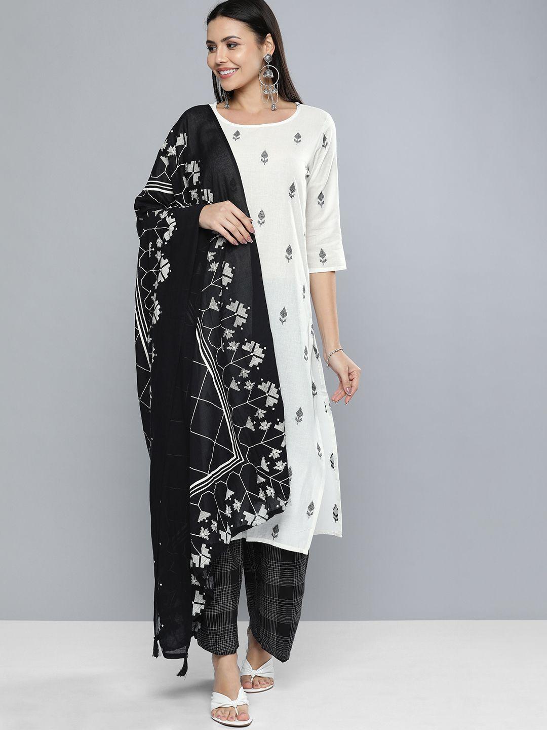 vishudh women off-white & black printed kurta with palazzos & dupatta