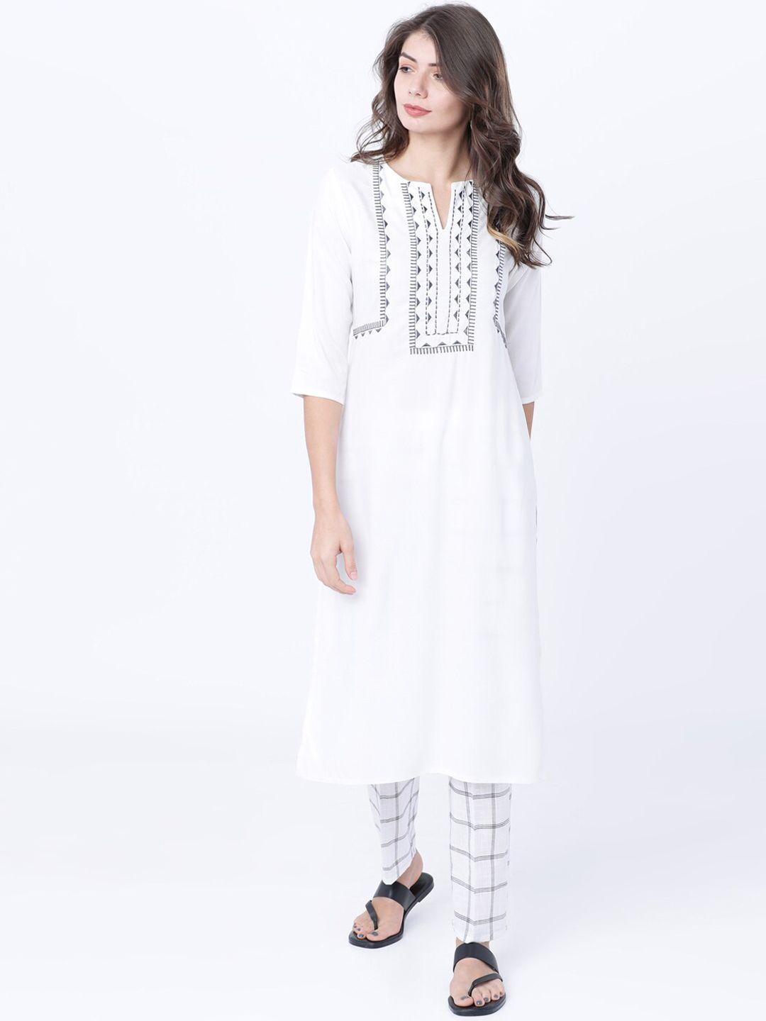 vishudh women off-white & black yoke design kurta with trousers