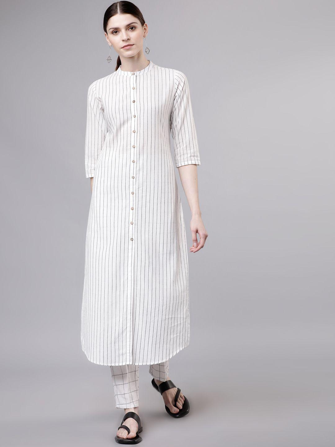 vishudh women off-white & blue striped kurta with trousers