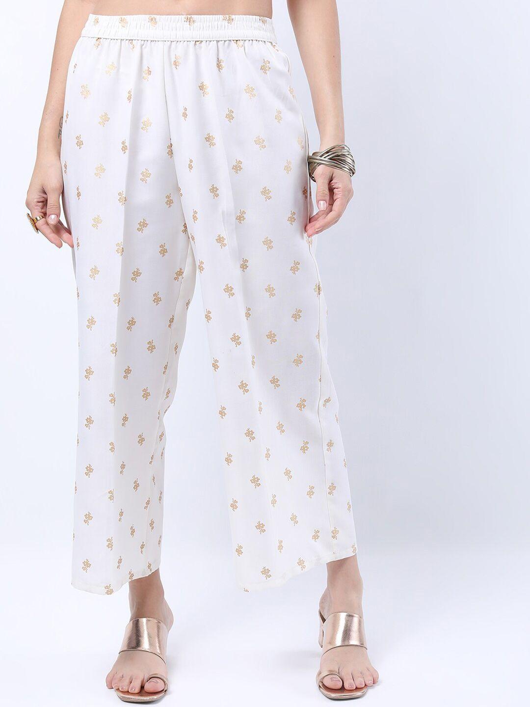 vishudh women off white & gold-toned floral printed ethnic palazzos