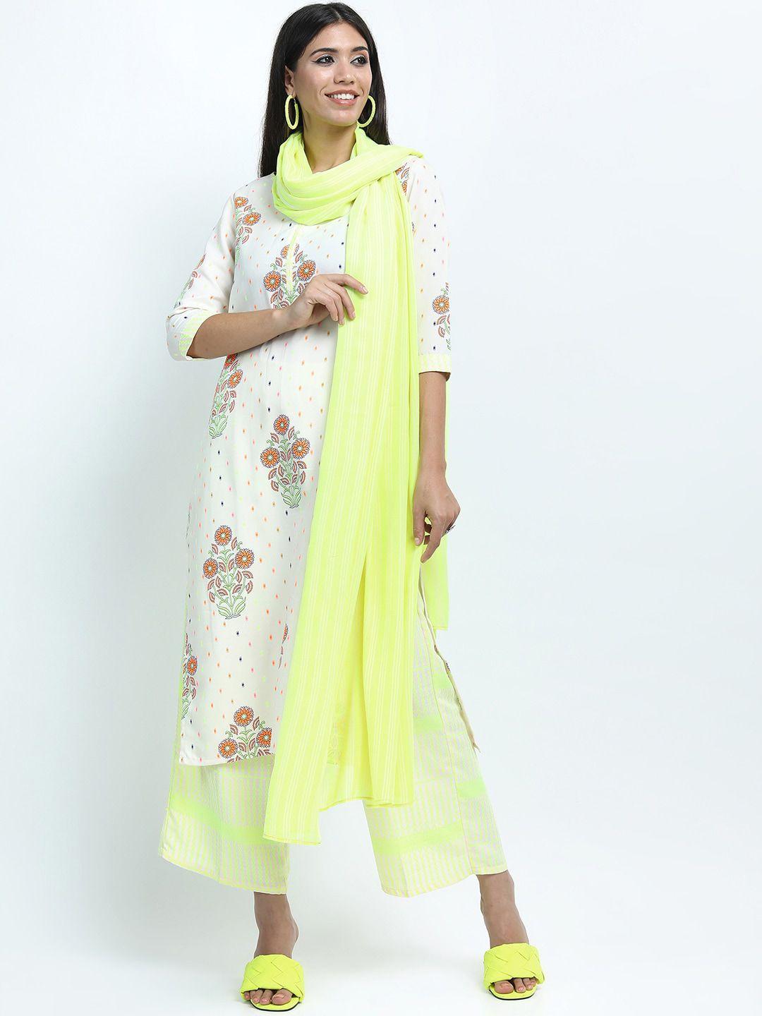 vishudh women off white & green floral printed kurta with palazzos & dupatta