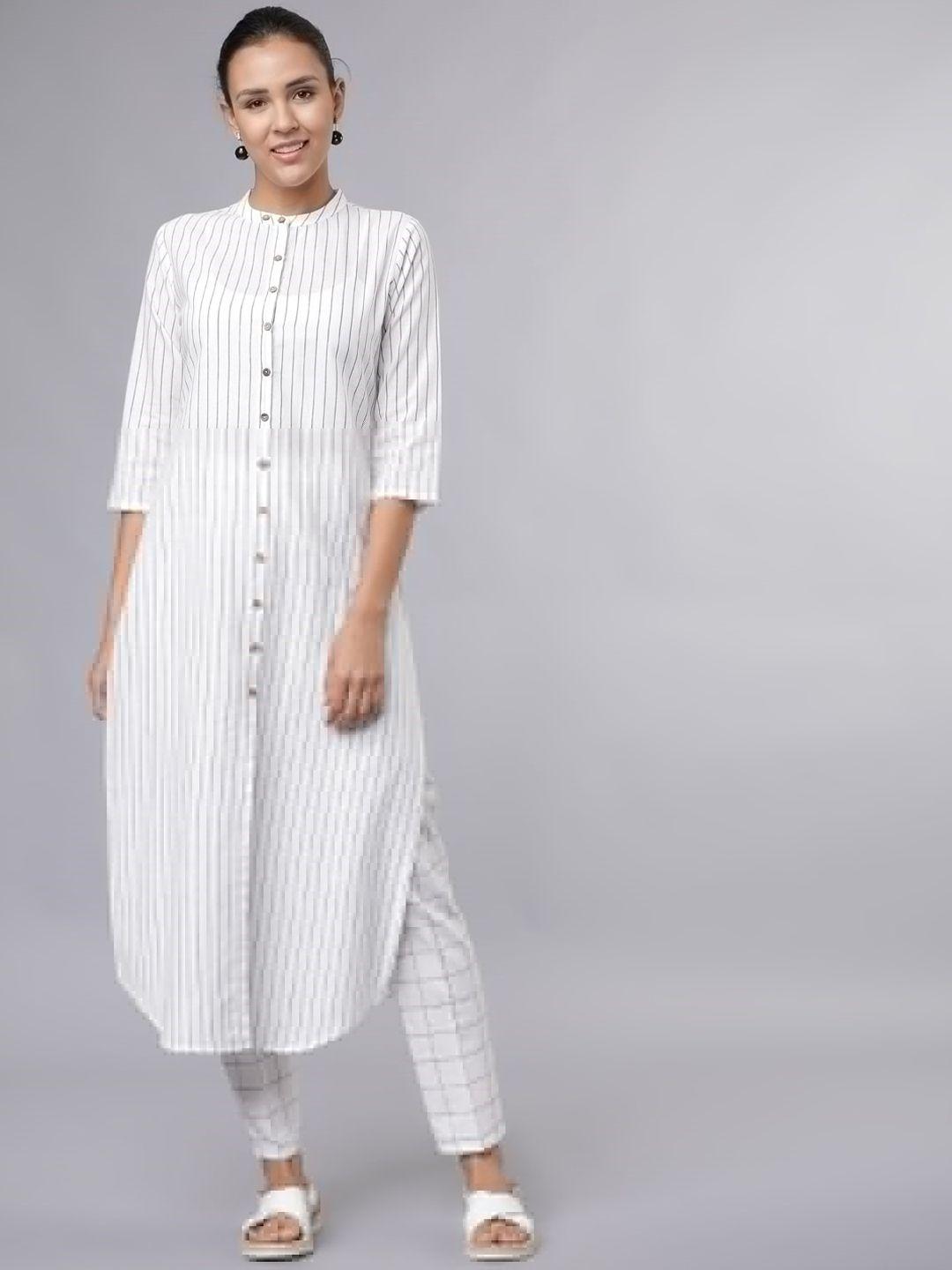 vishudh women off-white & navy blue striped kurta with trousers