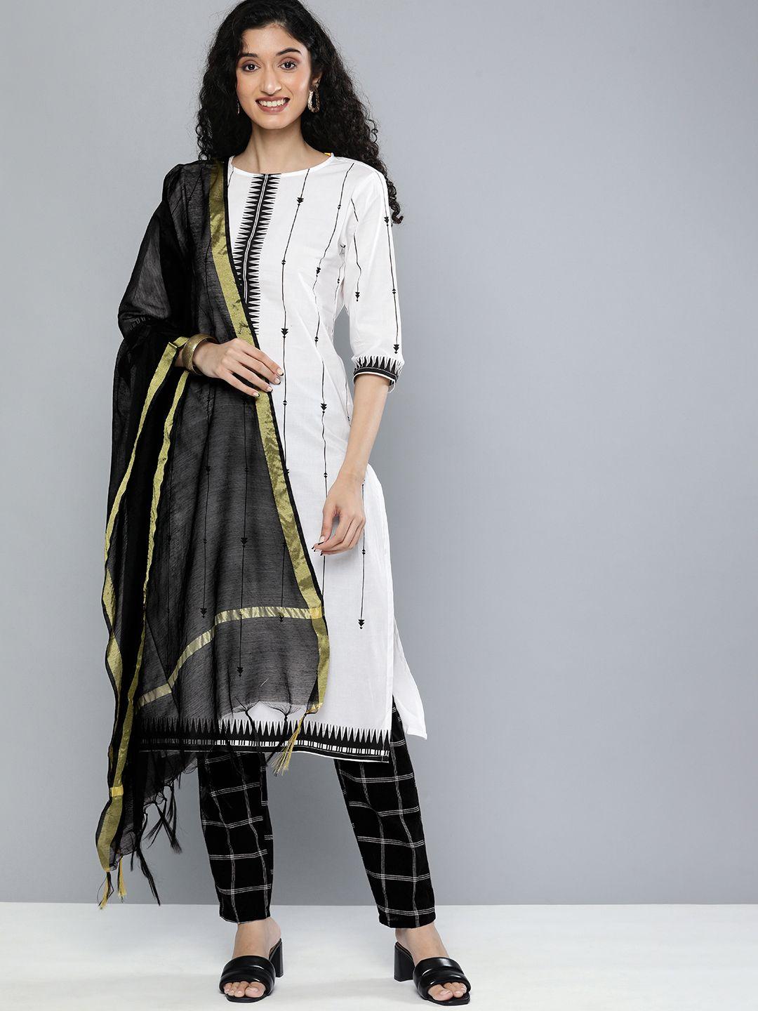 vishudh women off white and black printed pure cotton kurta with palazzos & dupatta