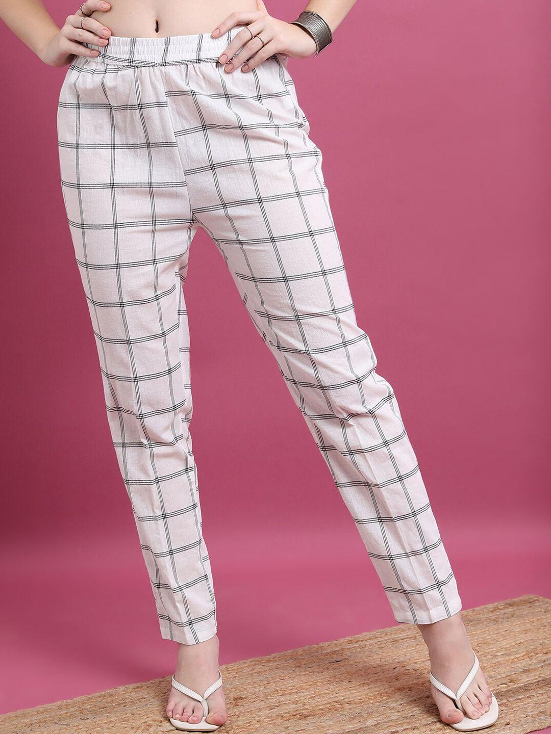 vishudh women off white checked straight trousers