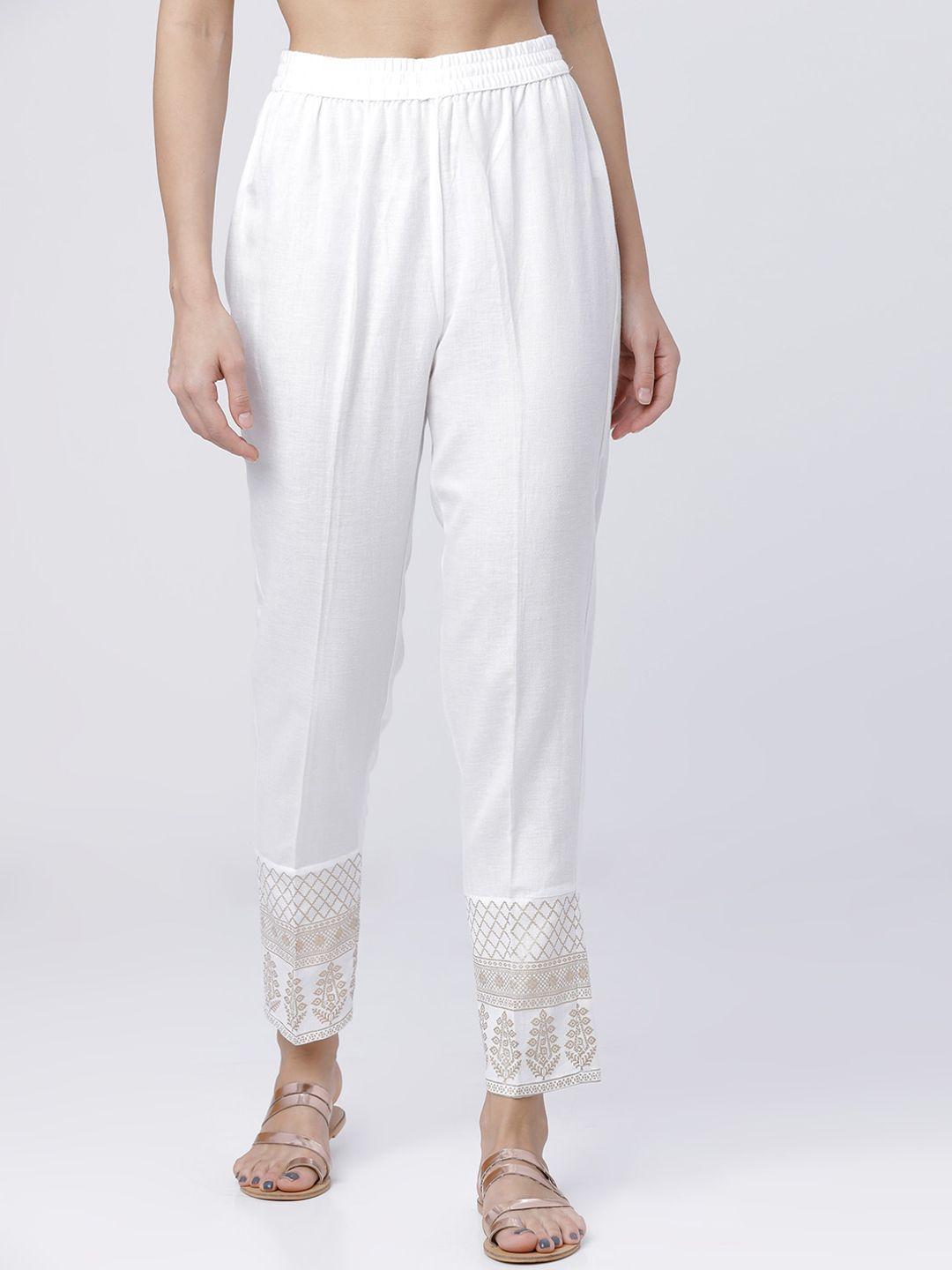 vishudh women off-white cigarette trousers with hem design