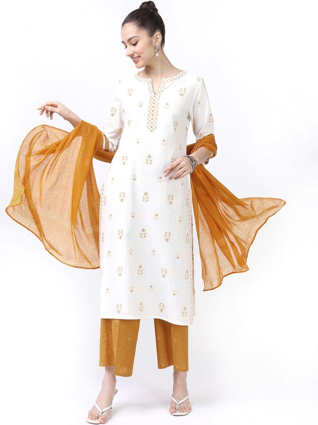 vishudh women off white ethnic motifs  pure cotton kurta with trousers