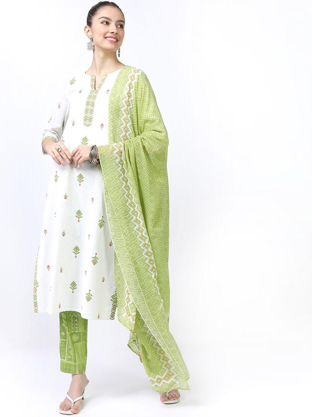 vishudh women off white floral printed pure cotton kurti with trousers & with dupatta