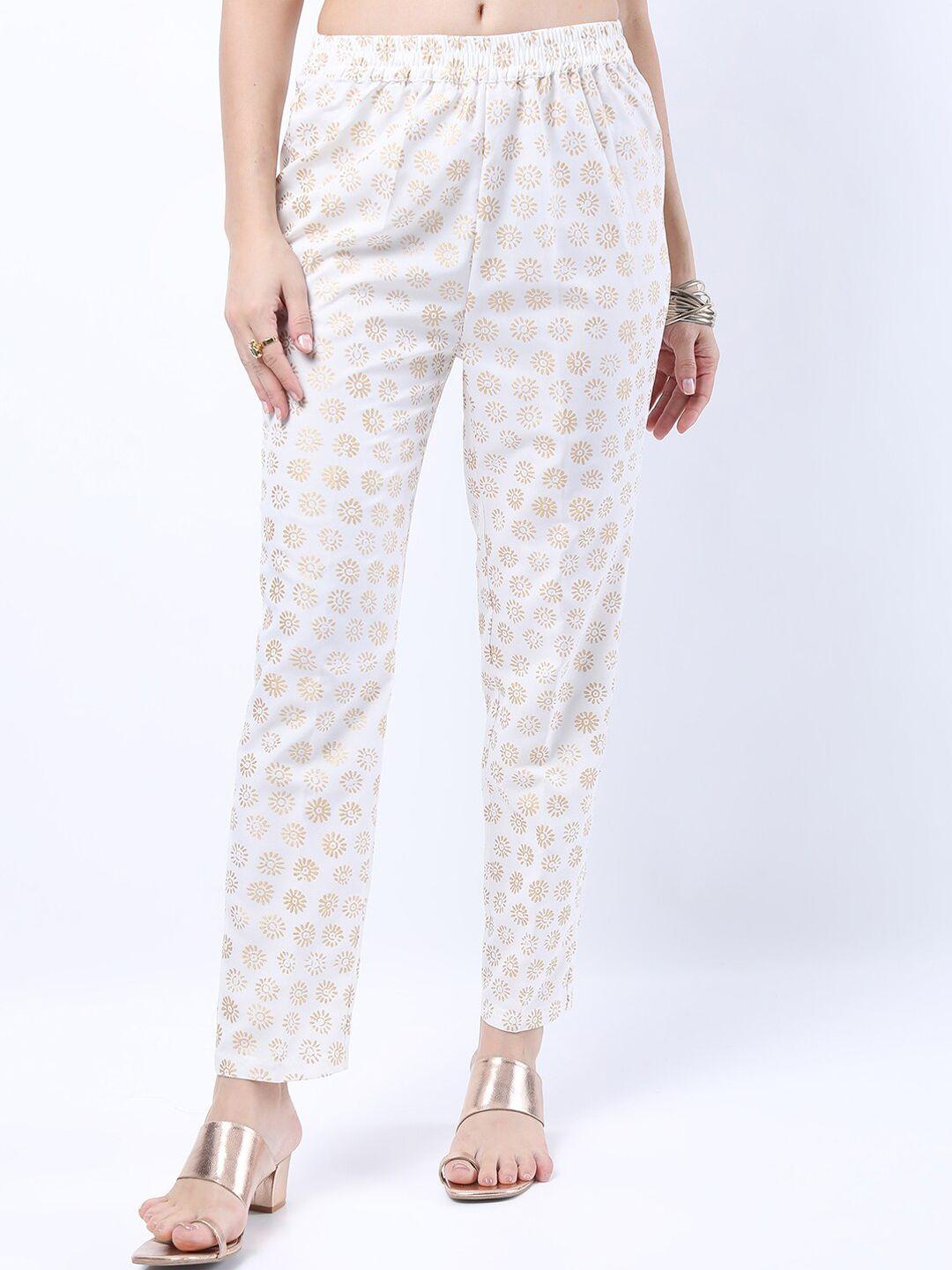 vishudh women off white floral printed slim fit trousers