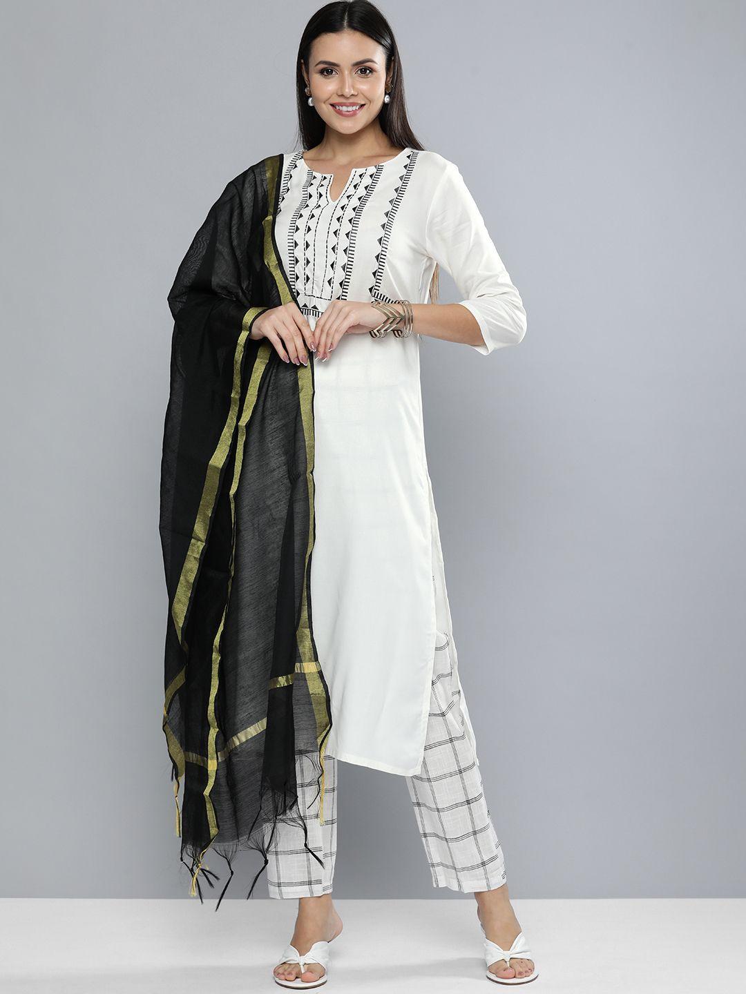 vishudh women off-white yoke design kurta with trousers & dupatta