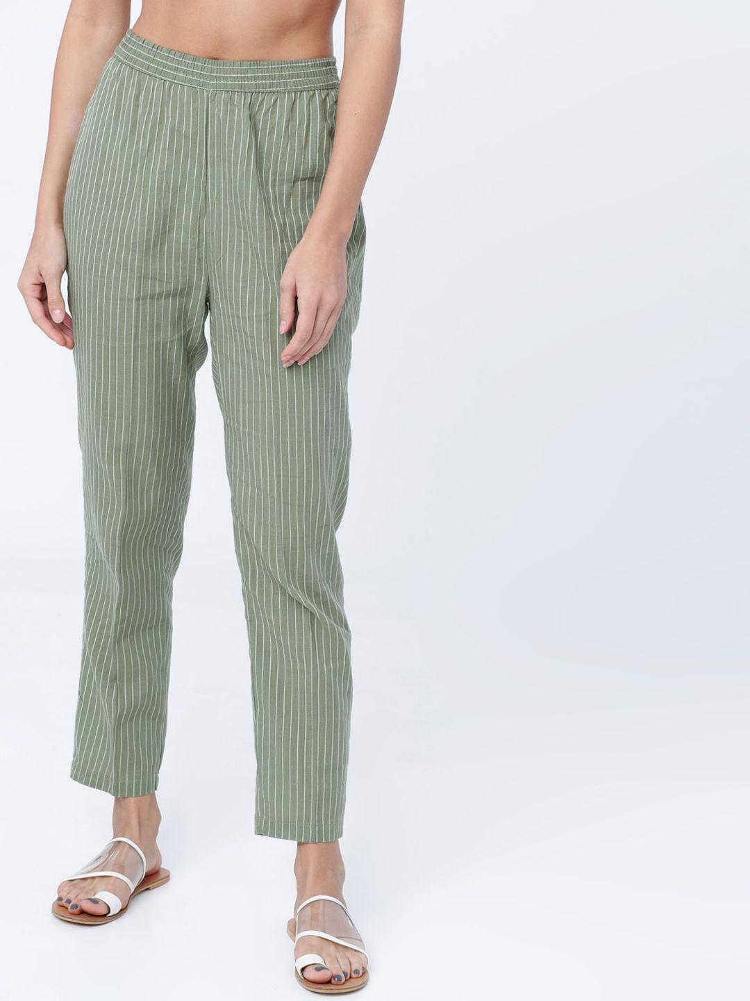 vishudh women olive green & white striped pyjamas