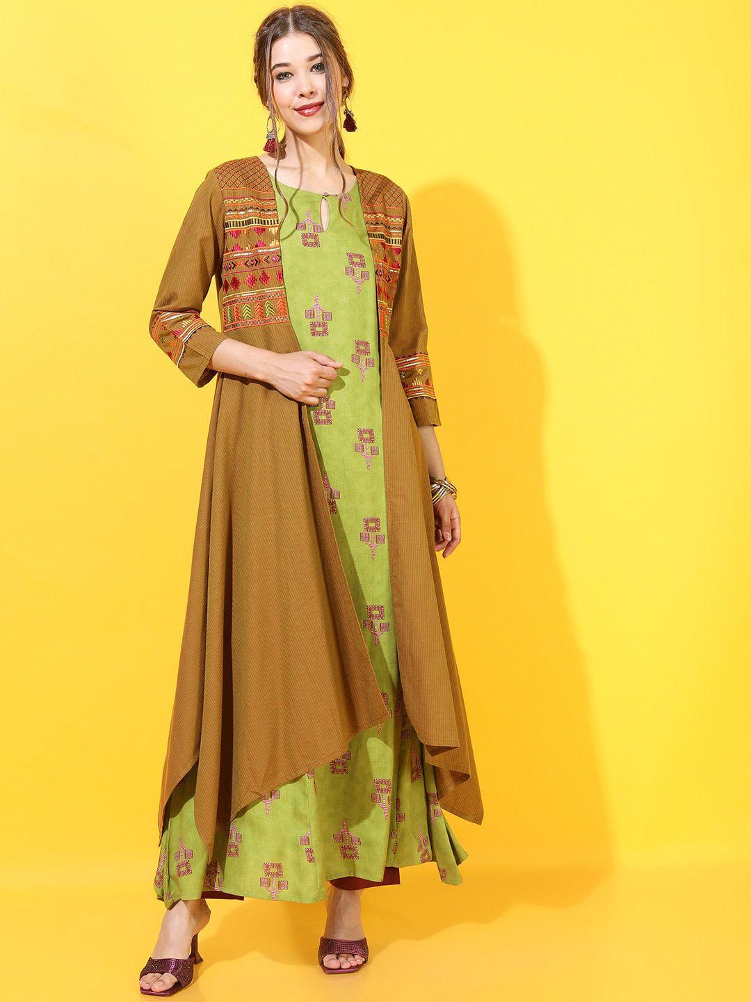 vishudh women olive green floral cotton ethnic maxi dress with jacket