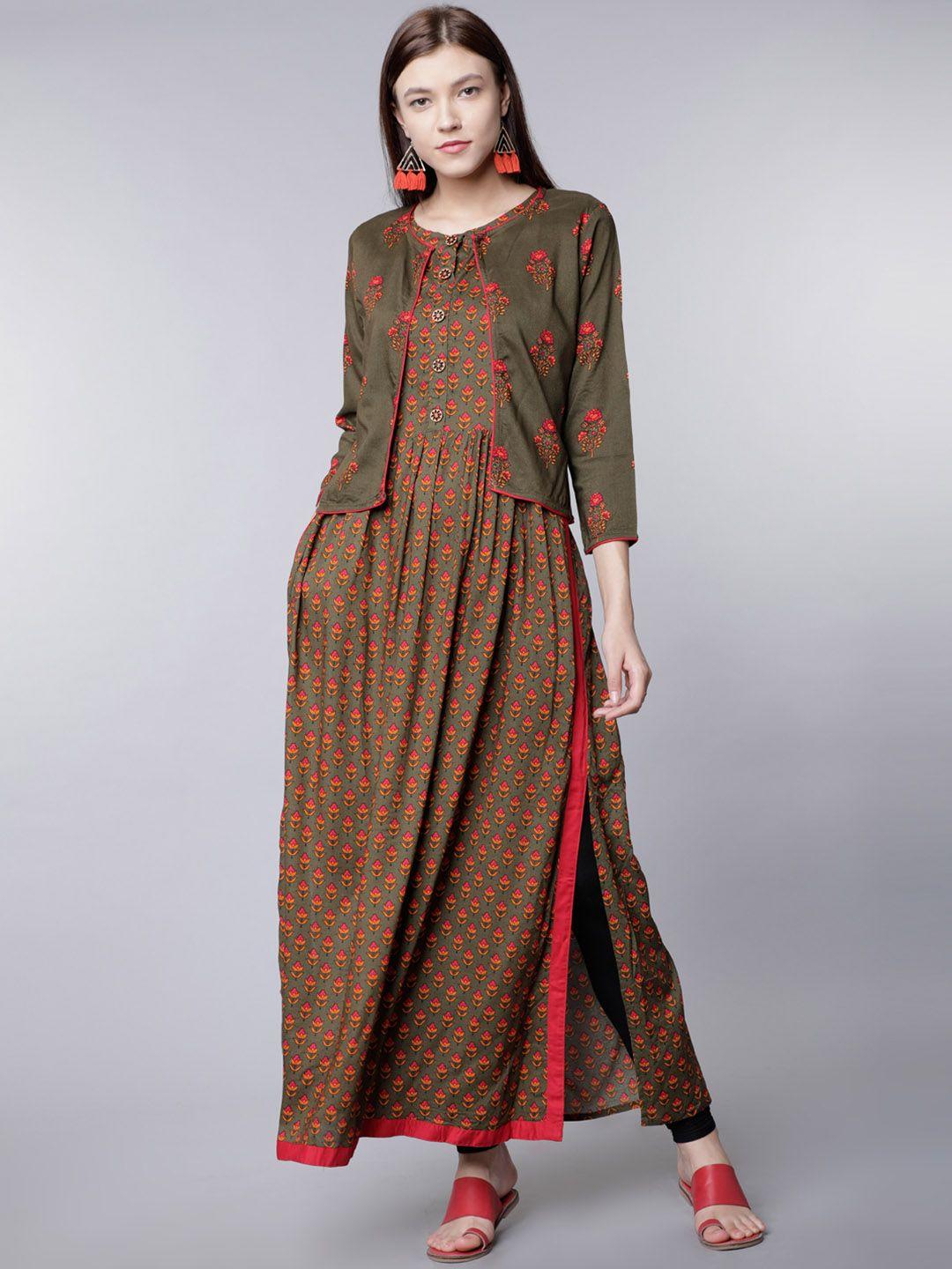 vishudh women olive green printed a-line kurta with jacket