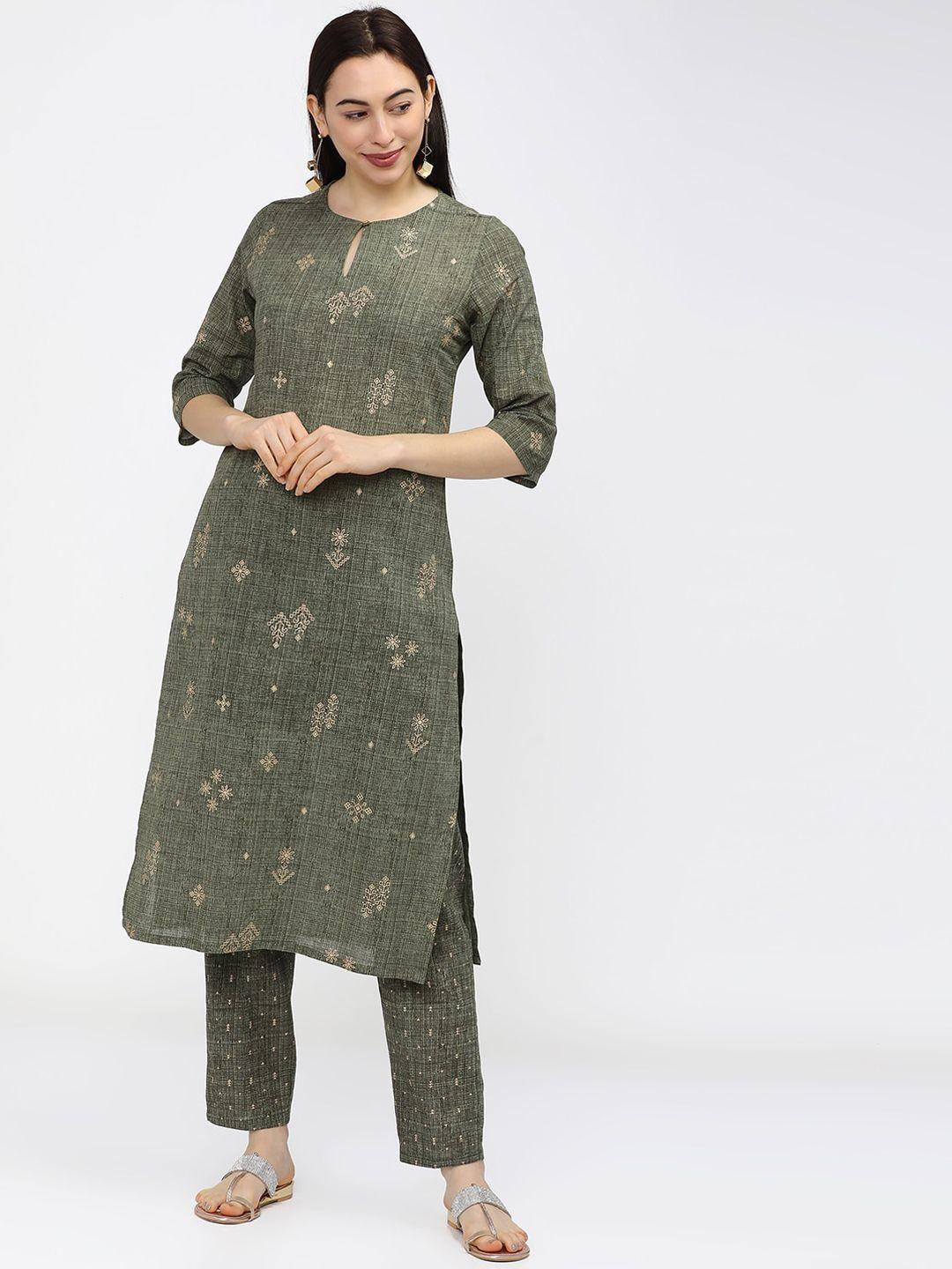 vishudh women olive green printed pure cotton kurta with trousers