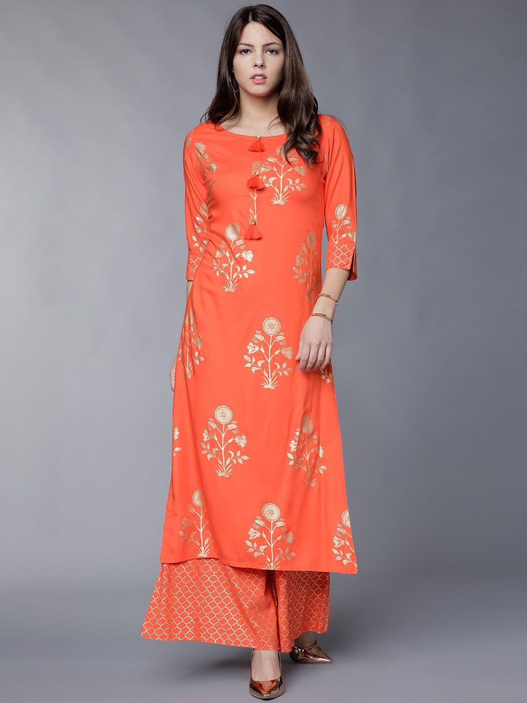 vishudh women orange & golden-coloured printed kurta with palazzos