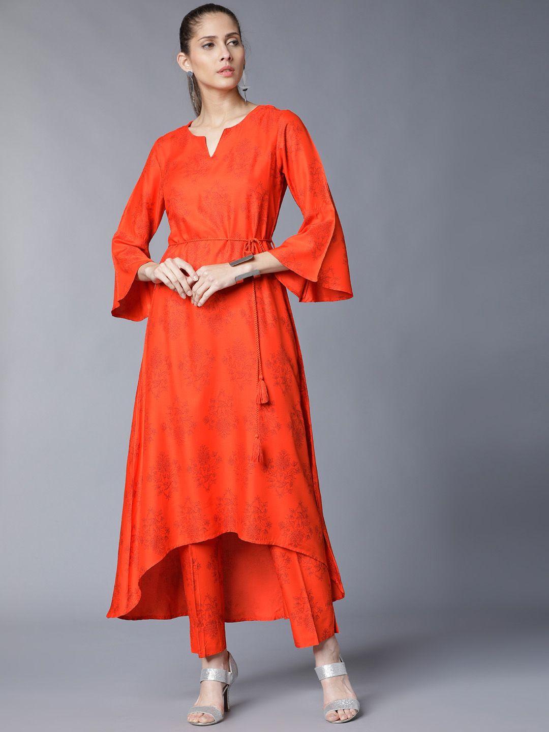 vishudh women orange printed kurta with trousers