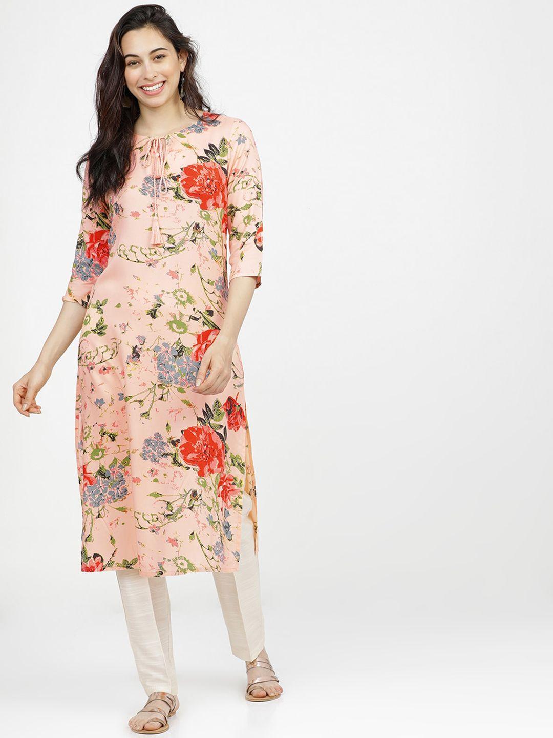 vishudh women peach& red floral printed straight kurta