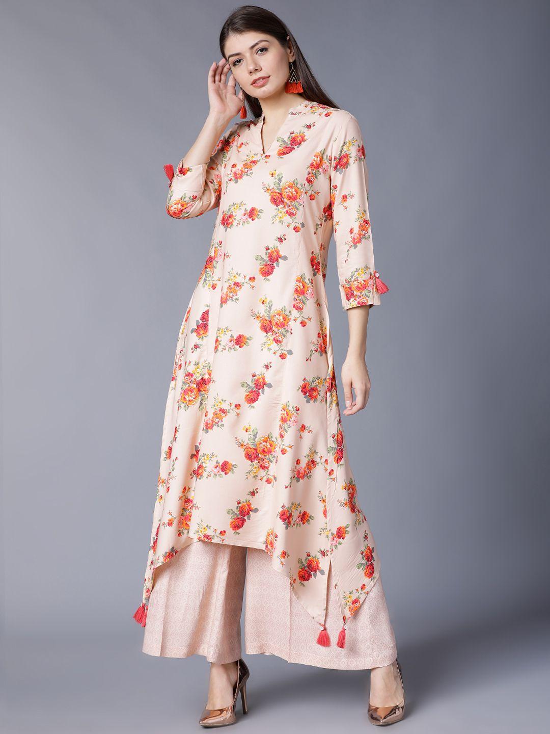 vishudh women peach-coloured & orange printed kurti with palazzos