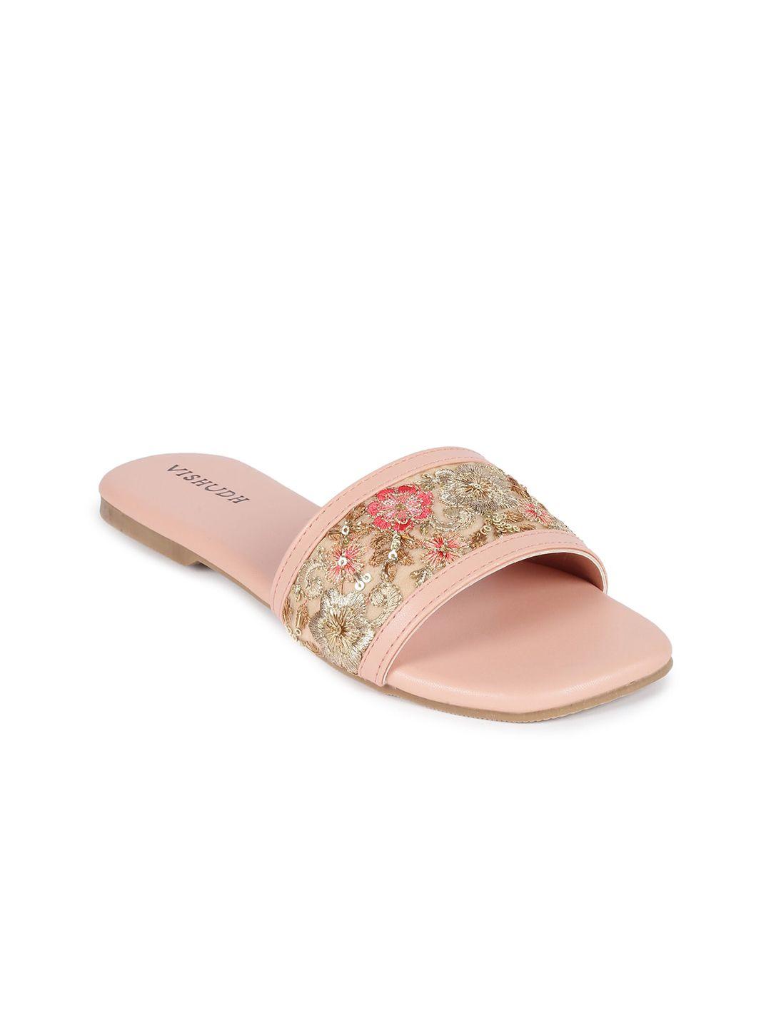 vishudh women peach-coloured embellished open toe flats