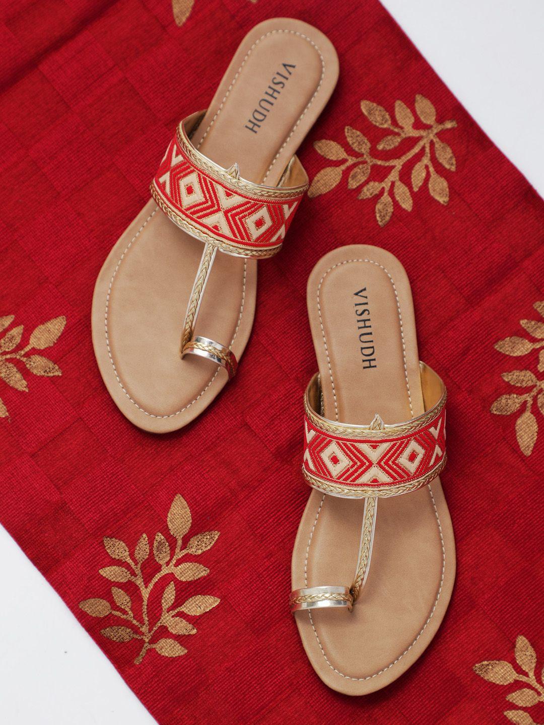 vishudh women peach-coloured embellished t-strap flats