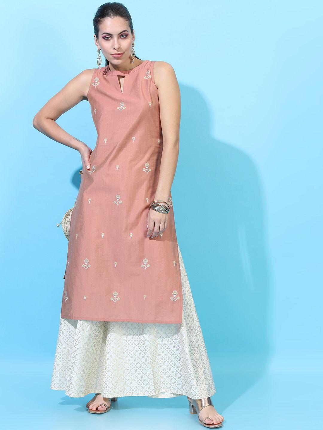 vishudh women peach-coloured embroidered high slit kurti with sharara