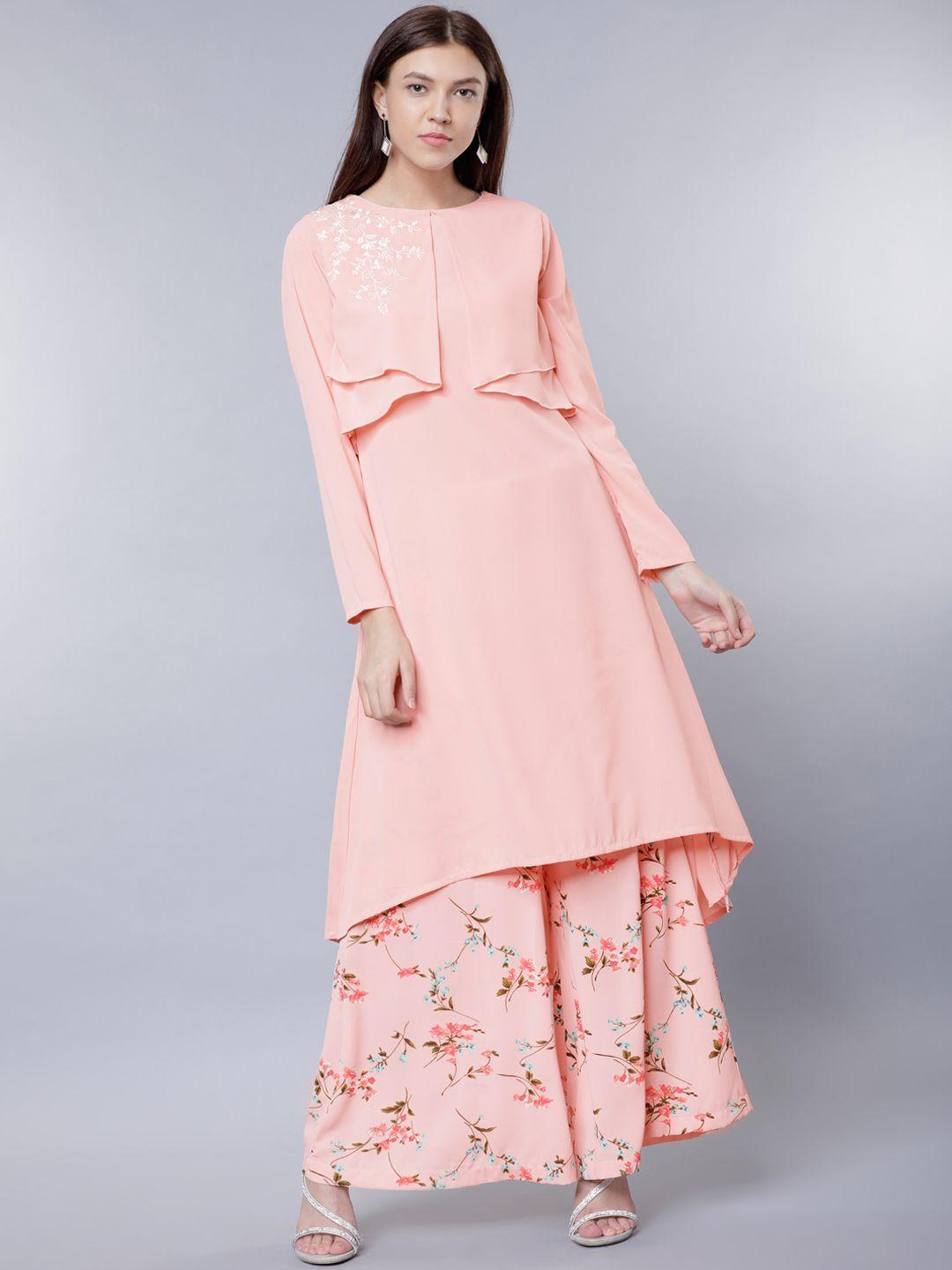 vishudh women peach-coloured embroidered kurta with palazzos