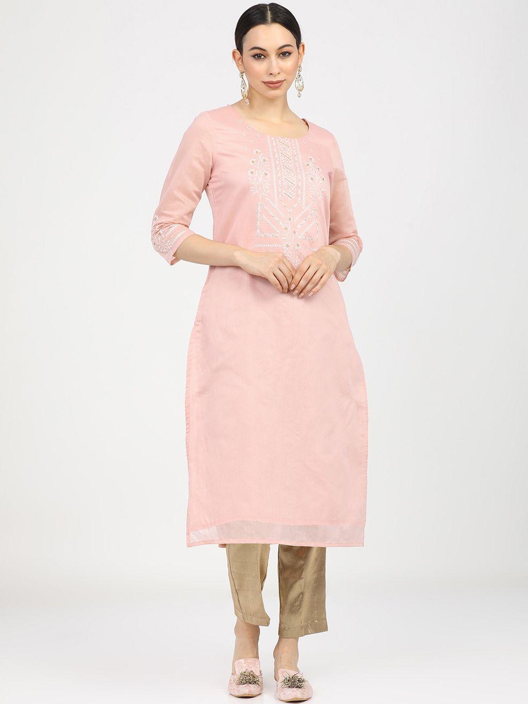 vishudh women peach-coloured ethnic motifs embroidered kurta