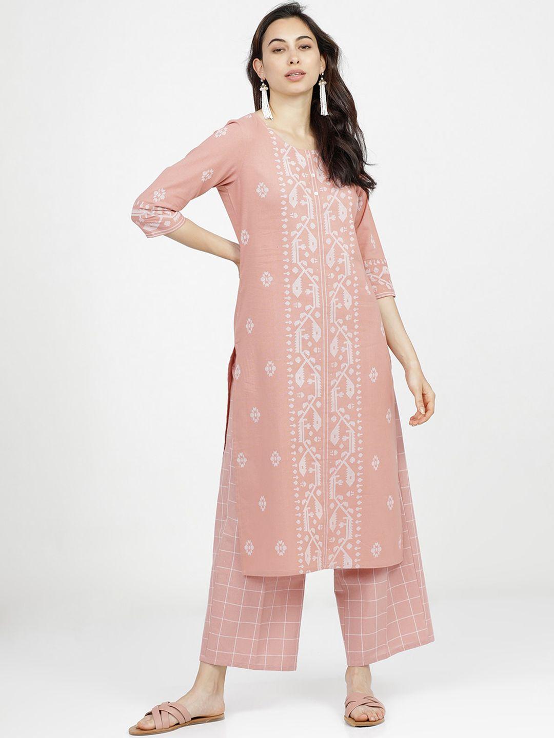 vishudh women peach-coloured ethnic motifs printed kurta