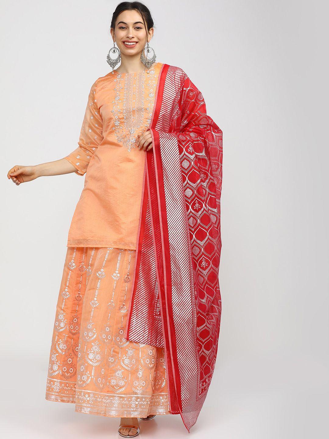 vishudh women peach-coloured ethnic motifs yoke design thread work kurti with skirt & with dupatta