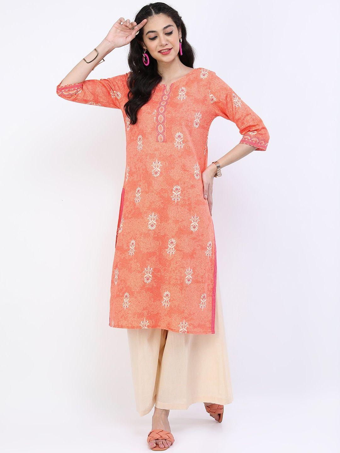 vishudh women peach-coloured floral printed floral kurta