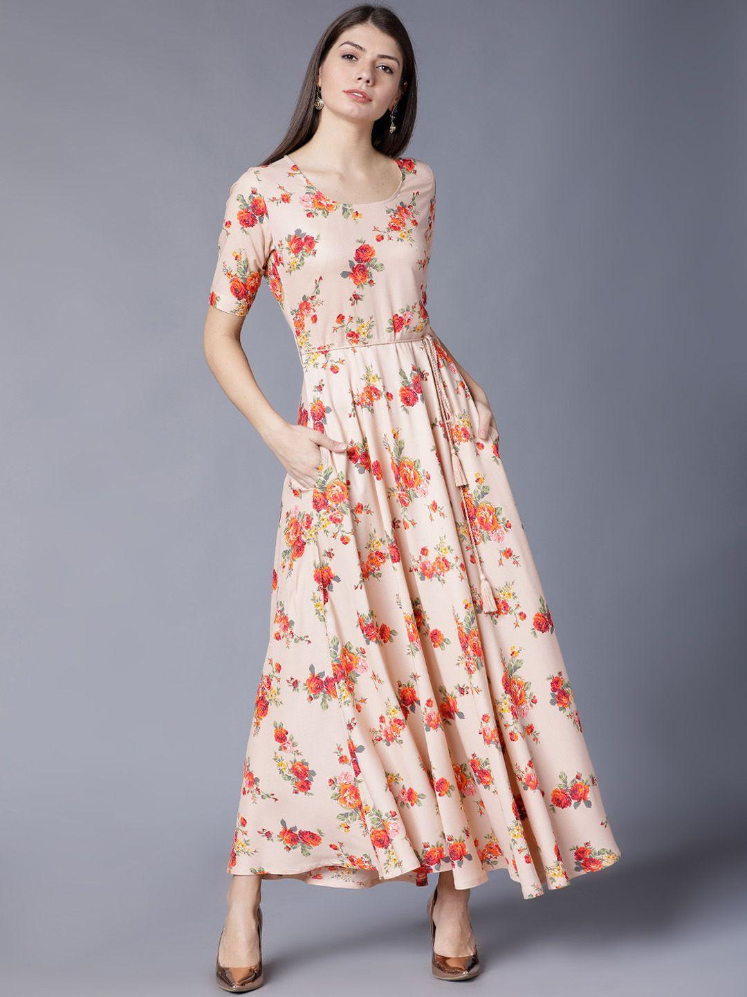 vishudh women peach-coloured printed maxi dress