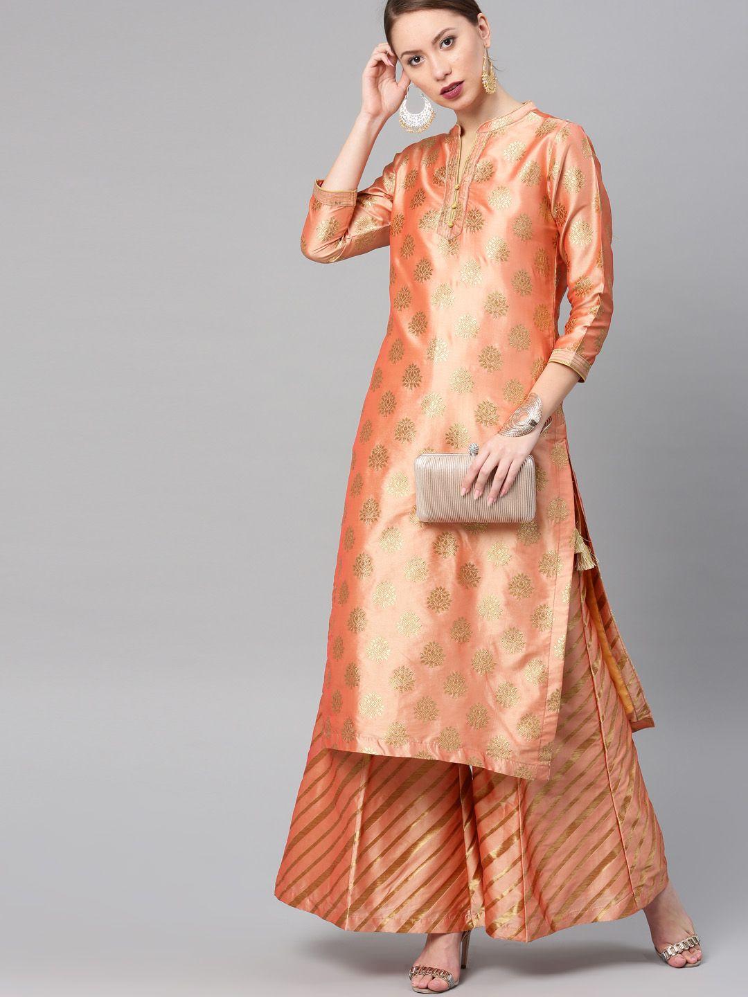 vishudh women peach-coloured solid kurta with palazzos