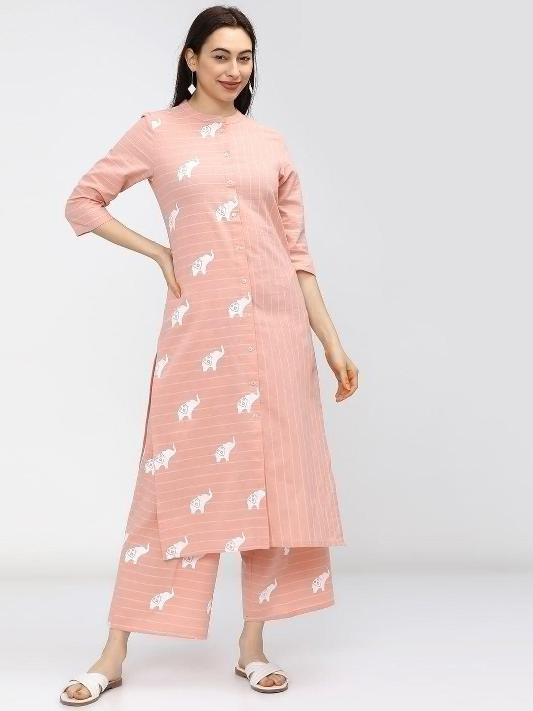vishudh women peach-coloured striped pure cotton winter kurta with palazzos set