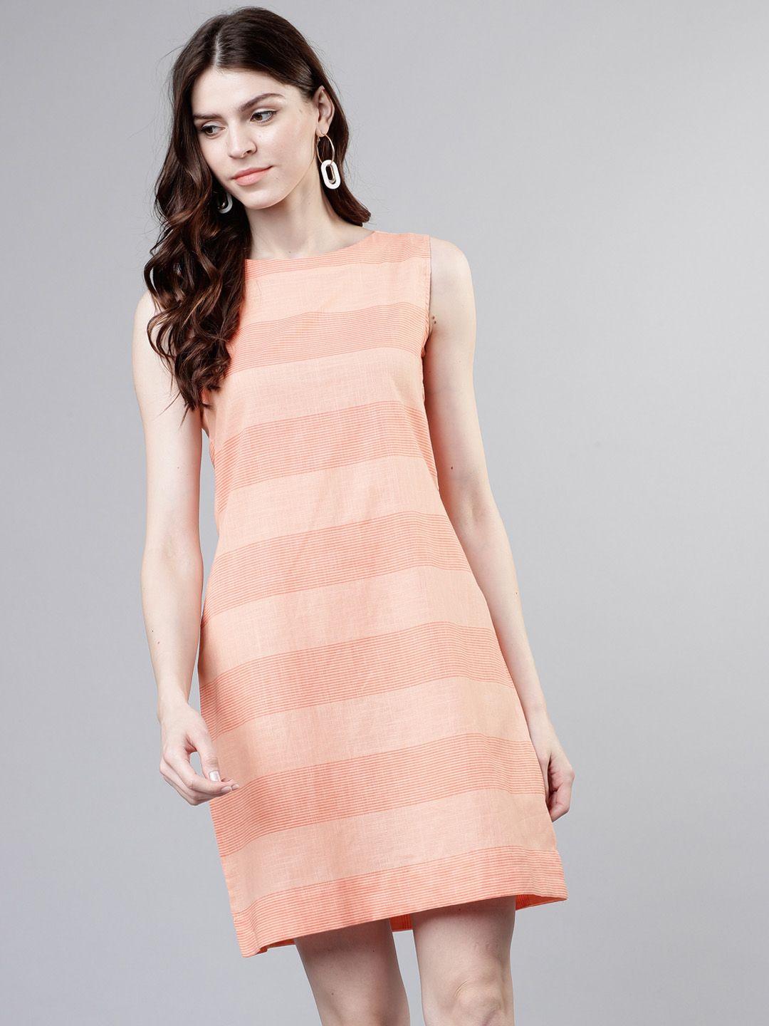 vishudh women peach-coloured striped sheath dress