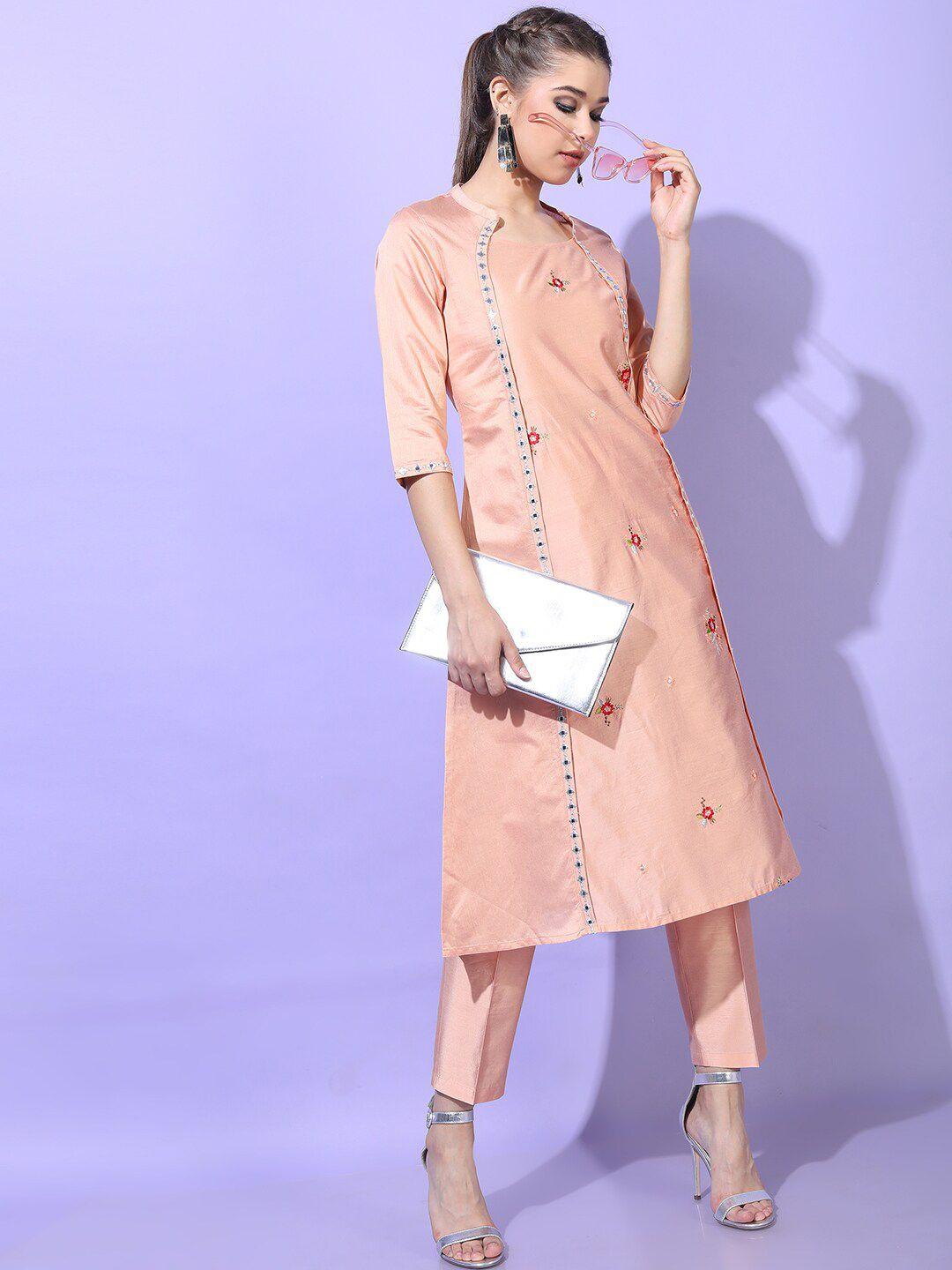 vishudh women peach embroidered kurta with trouser