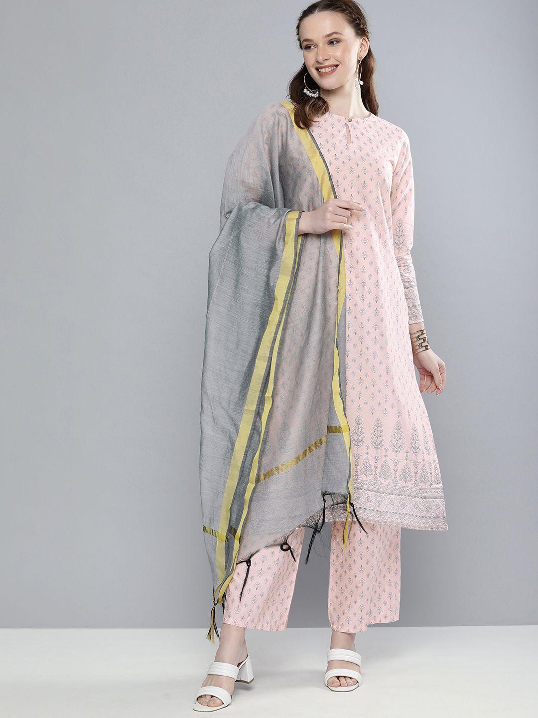 vishudh women pink & grey printed kurta with palazzos & dupatta