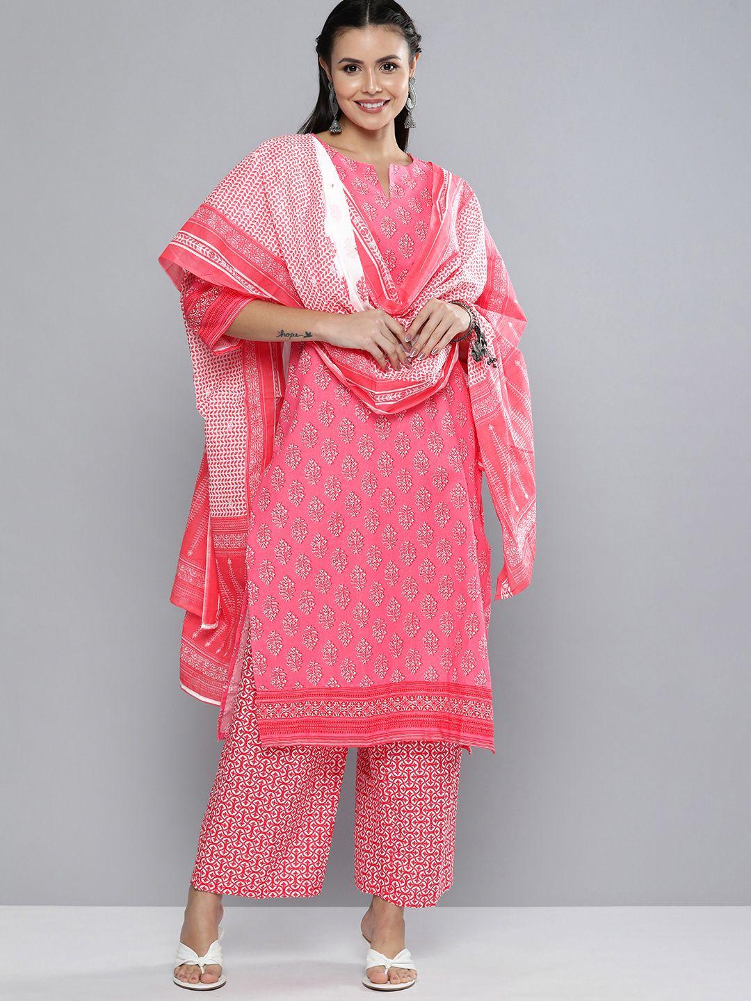 vishudh women pink & off-white printed kurta with palazzos & dupatta