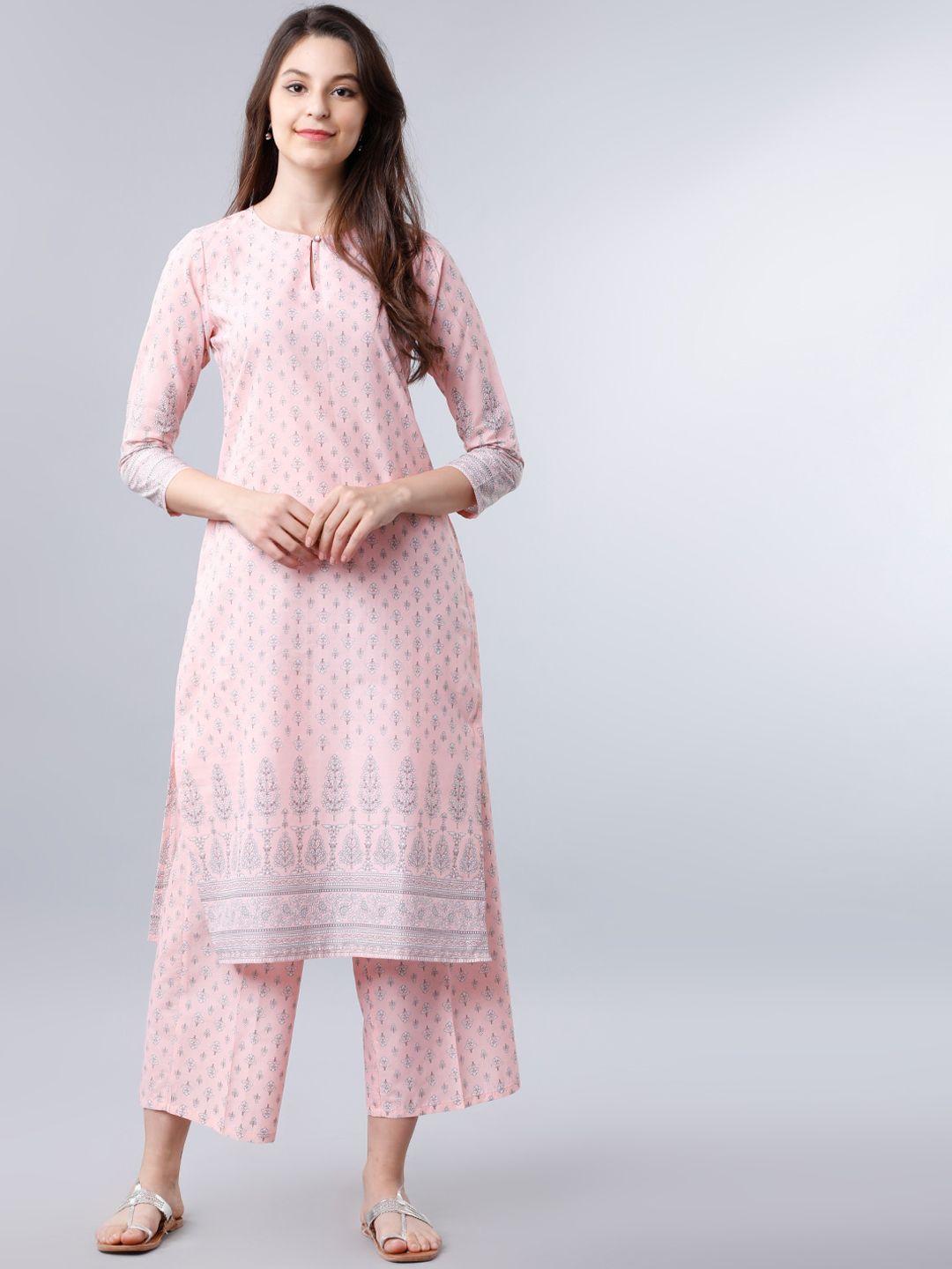 vishudh women pink & off-white printed kurta with palazzos