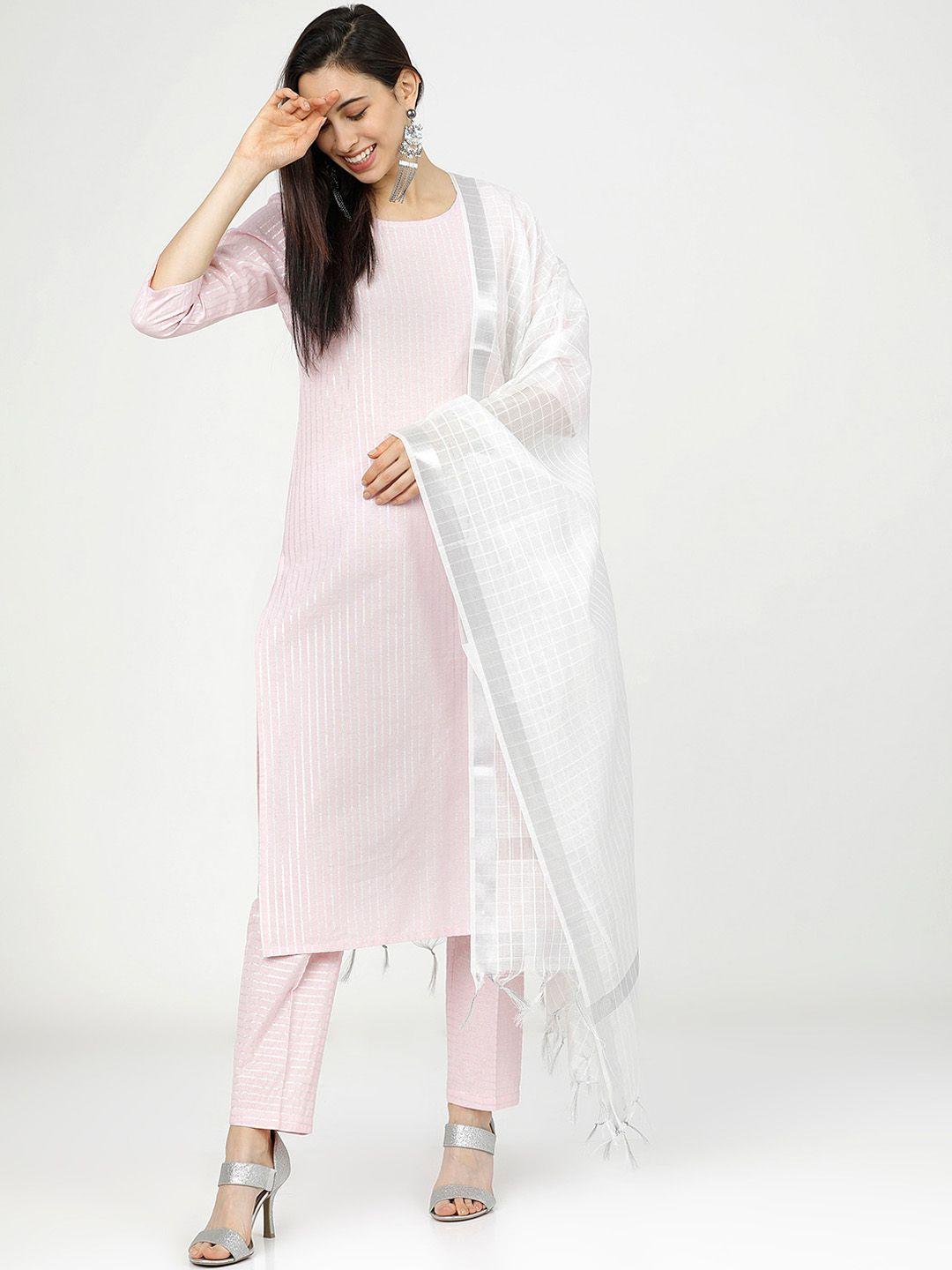 vishudh women pink & silver-toned striped pure cotton kurta with trousers & dupatta