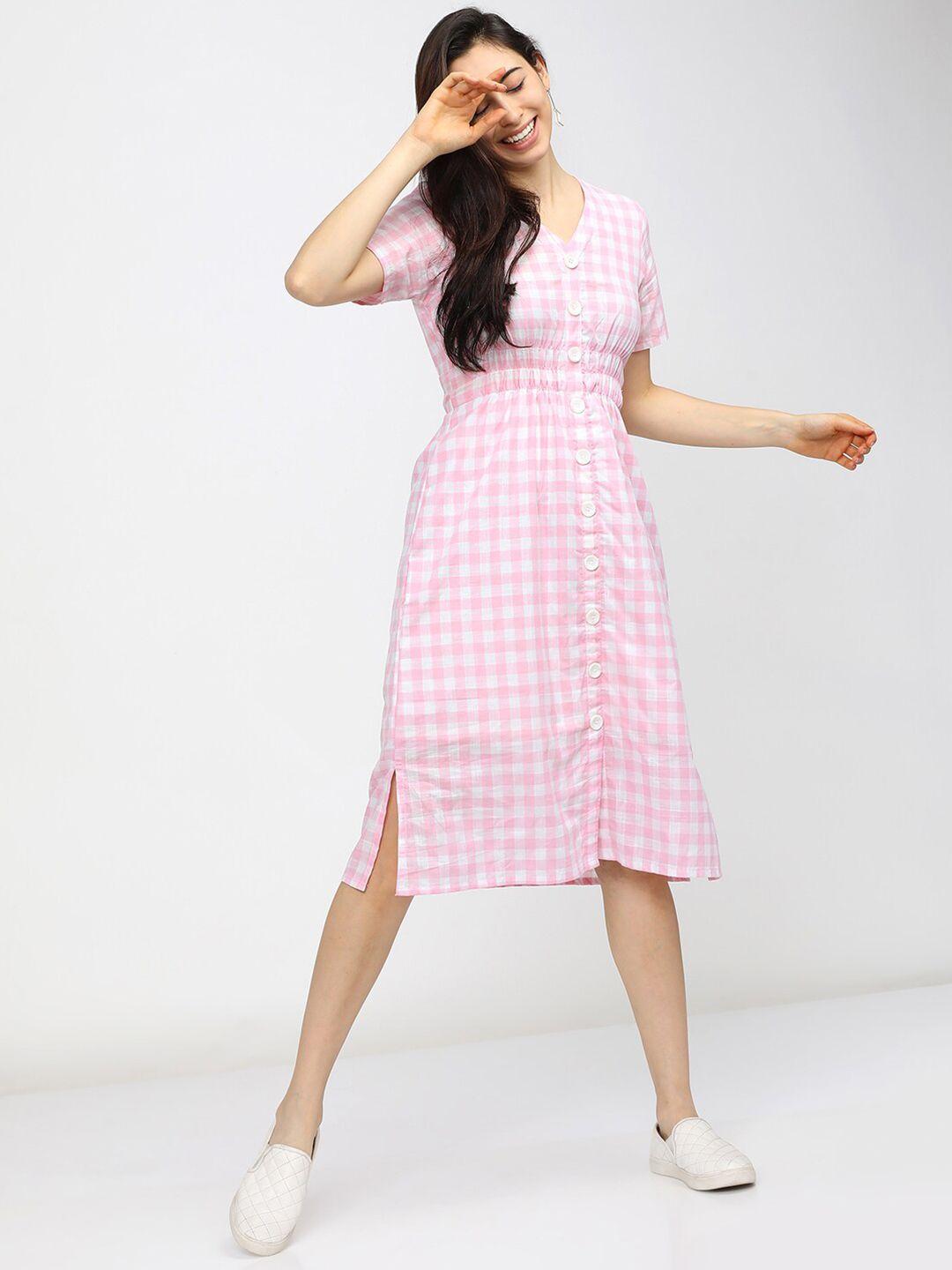 vishudh women pink & white checked a-line cotton midi dress