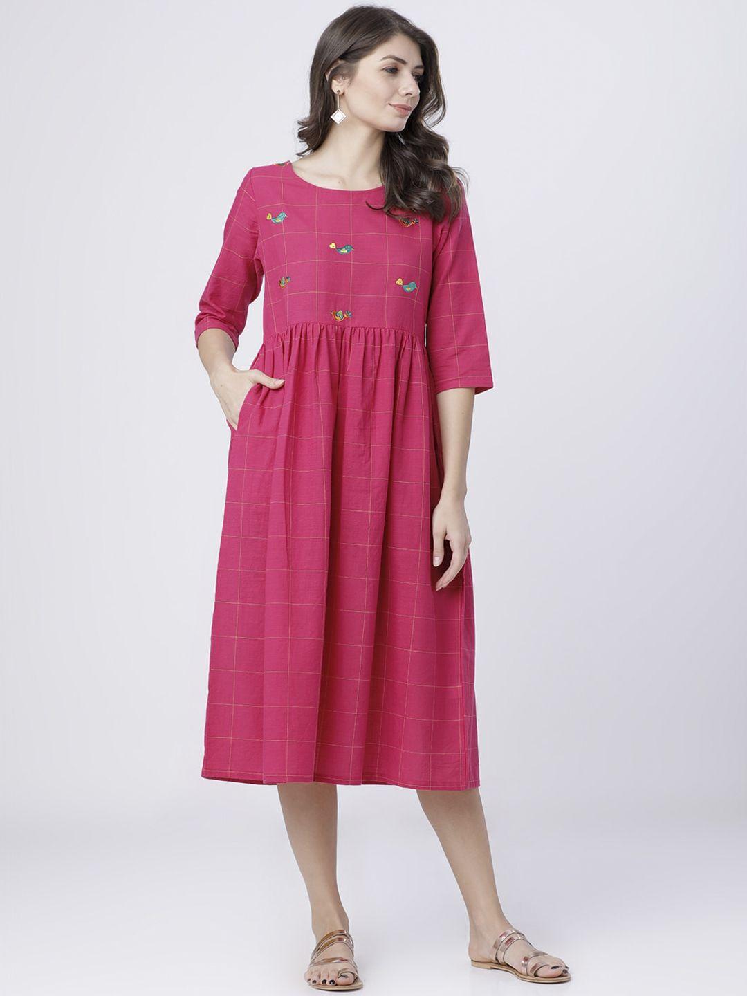 vishudh women pink checked fit and flare dress