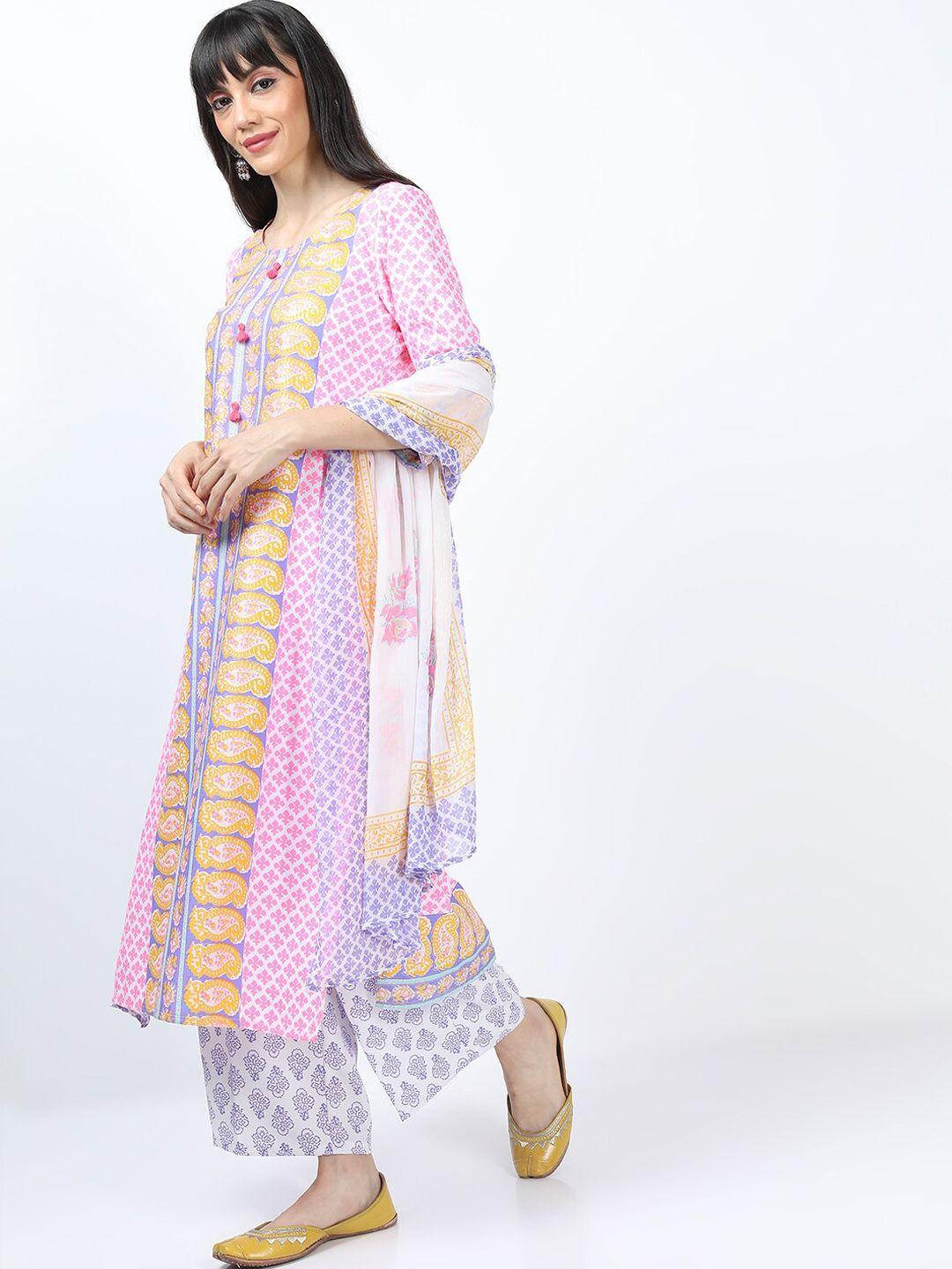 vishudh women pink ethnic motifs printed kurta with palazzos & with dupatta