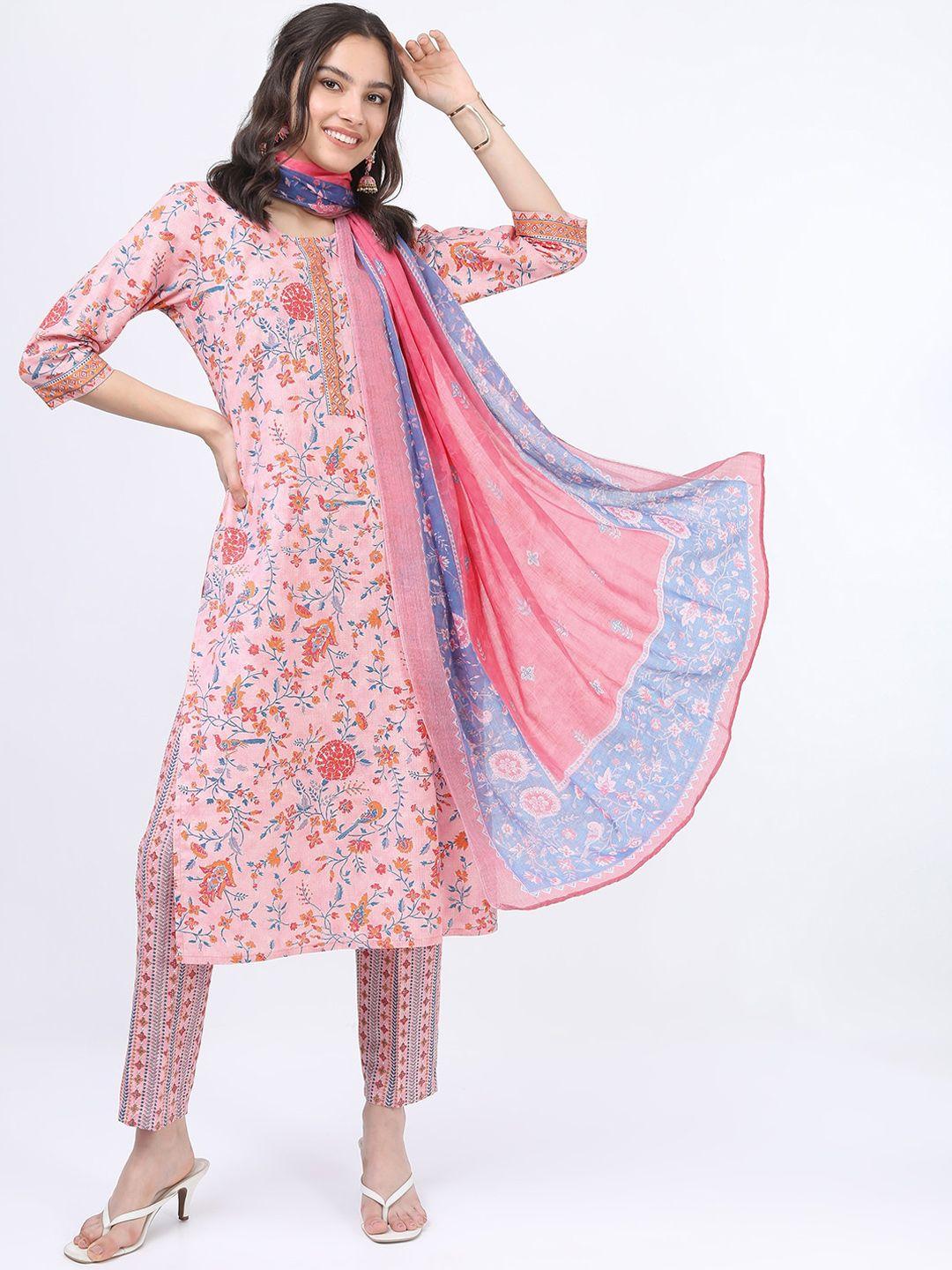 vishudh women pink ethnic motifs printed pure cotton kurta with trousers & with dupatta