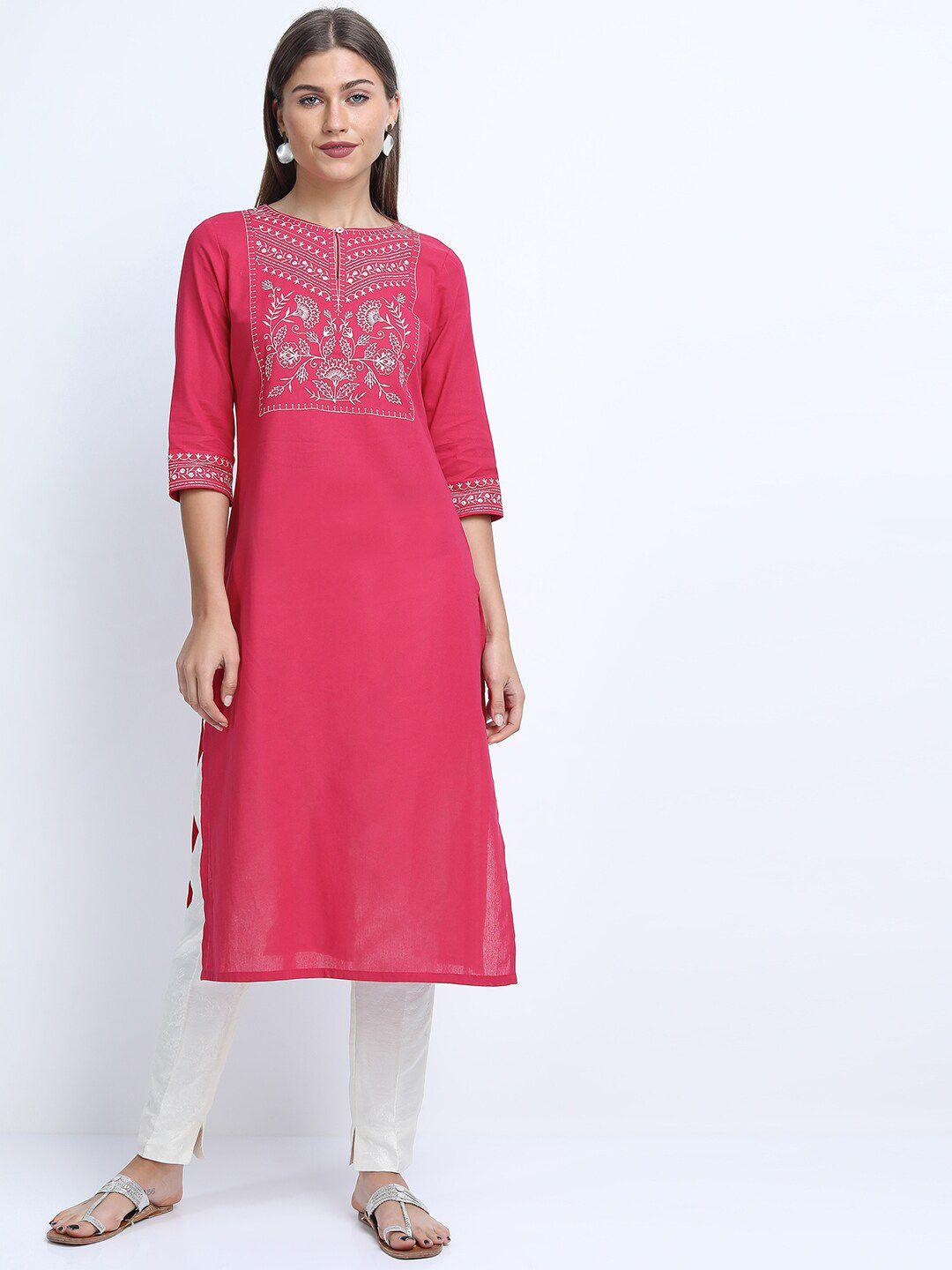 vishudh women pink floral embroidered keyhole neck thread work kurta