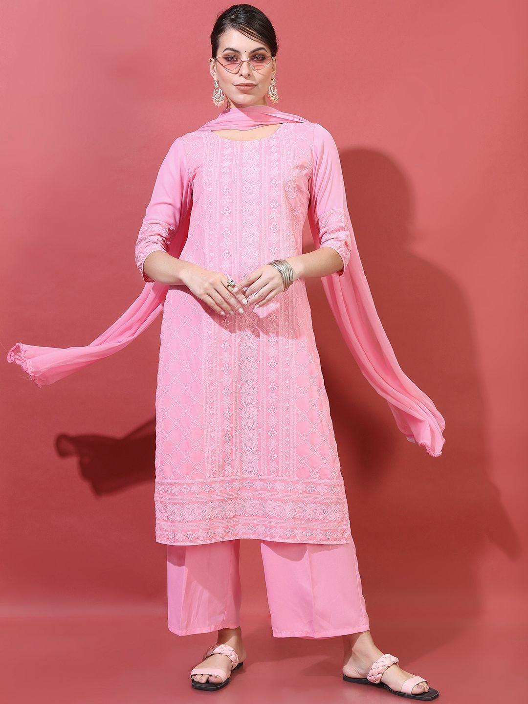 vishudh women pink floral embroidered kurta with trousers & with dupatta