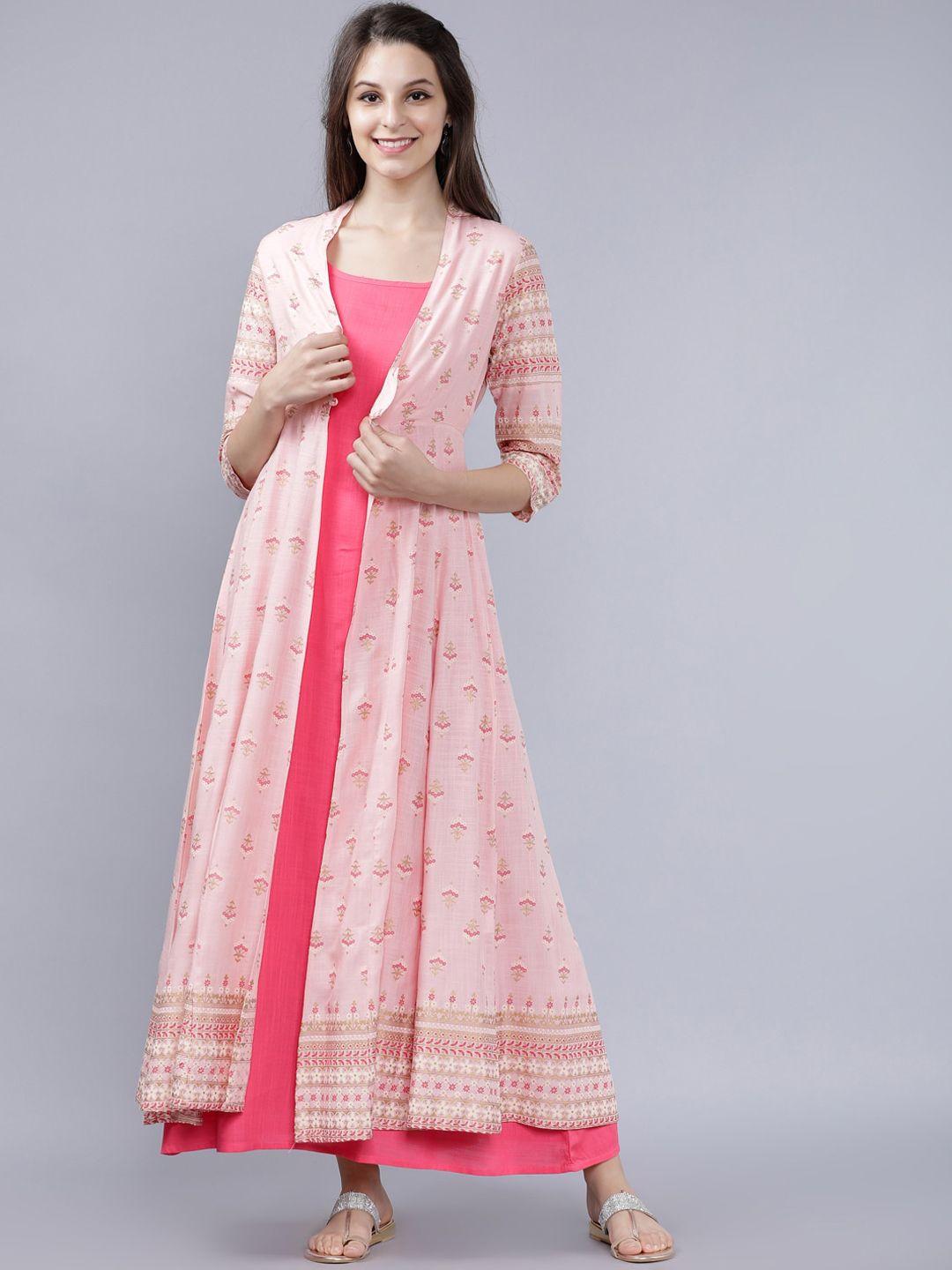 vishudh women pink floral print maxi dress with shrug